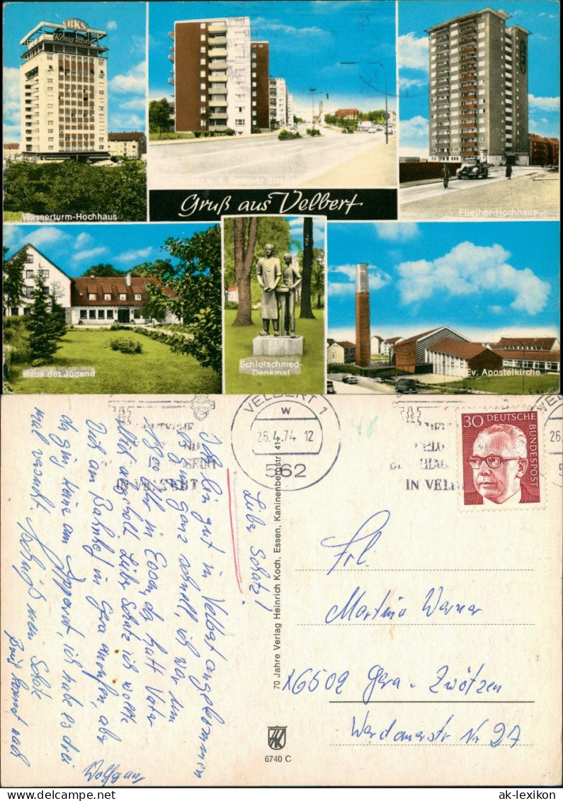 Velbert Mehrbild-AK Hochhäuser, Haus D. Jugend, Denkmal, Apostel-Kirche 1974 - Velbert