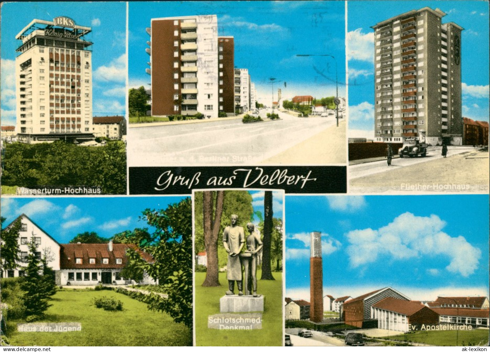 Velbert Mehrbild-AK Hochhäuser, Haus D. Jugend, Denkmal, Apostel-Kirche 1974 - Velbert