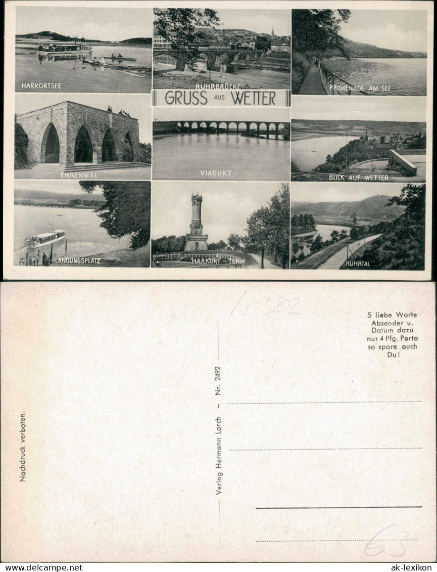 Wetter (Ruhr) Mehrbild-AK Ehrenmal, Harkort-Turm, See, Ruhrtal Partie Uvm. 1950 - Wetter