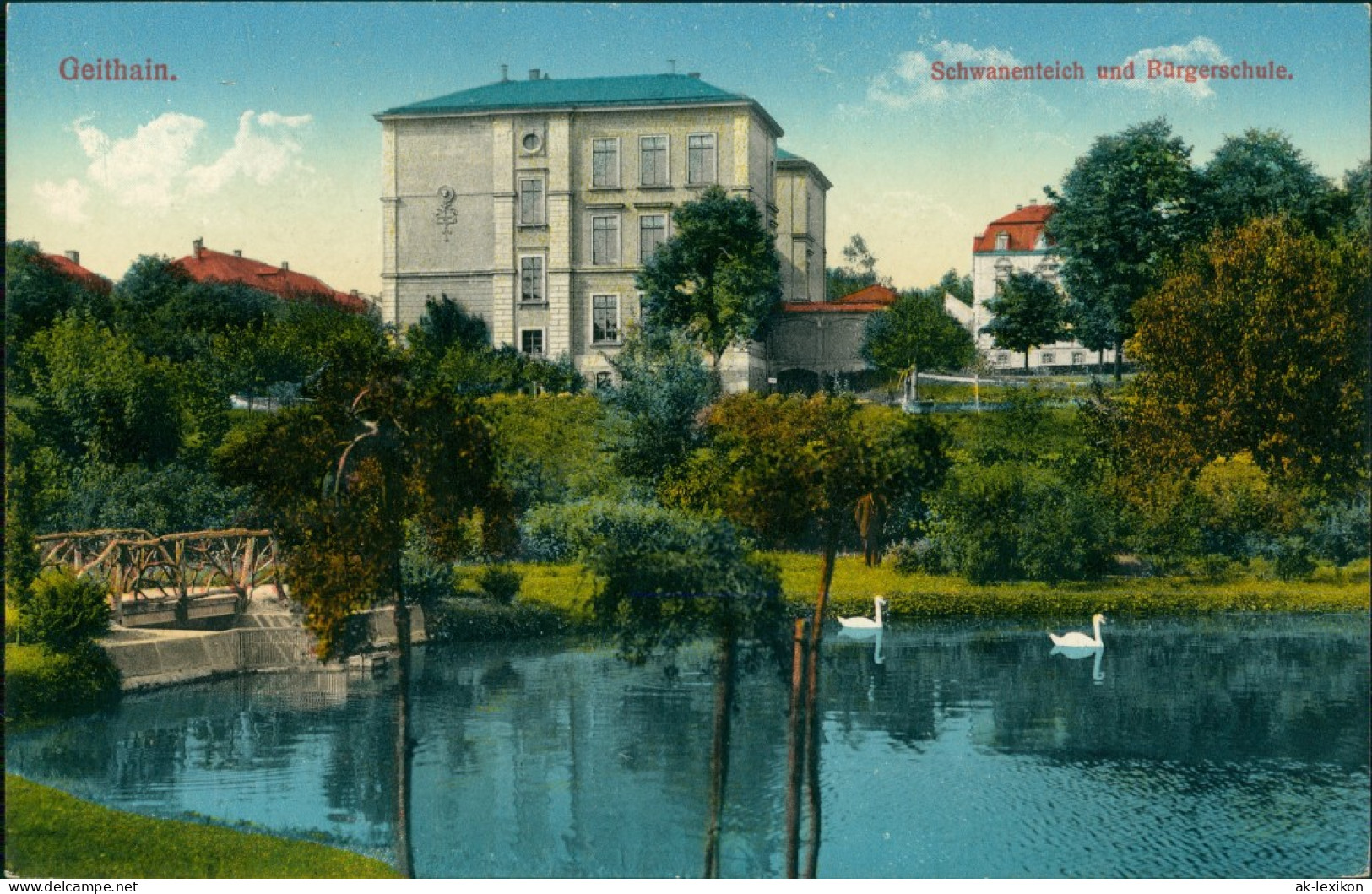 Ansichtskarte Geithain Schwanenteich - Bürgerschule 1915  - Geithain