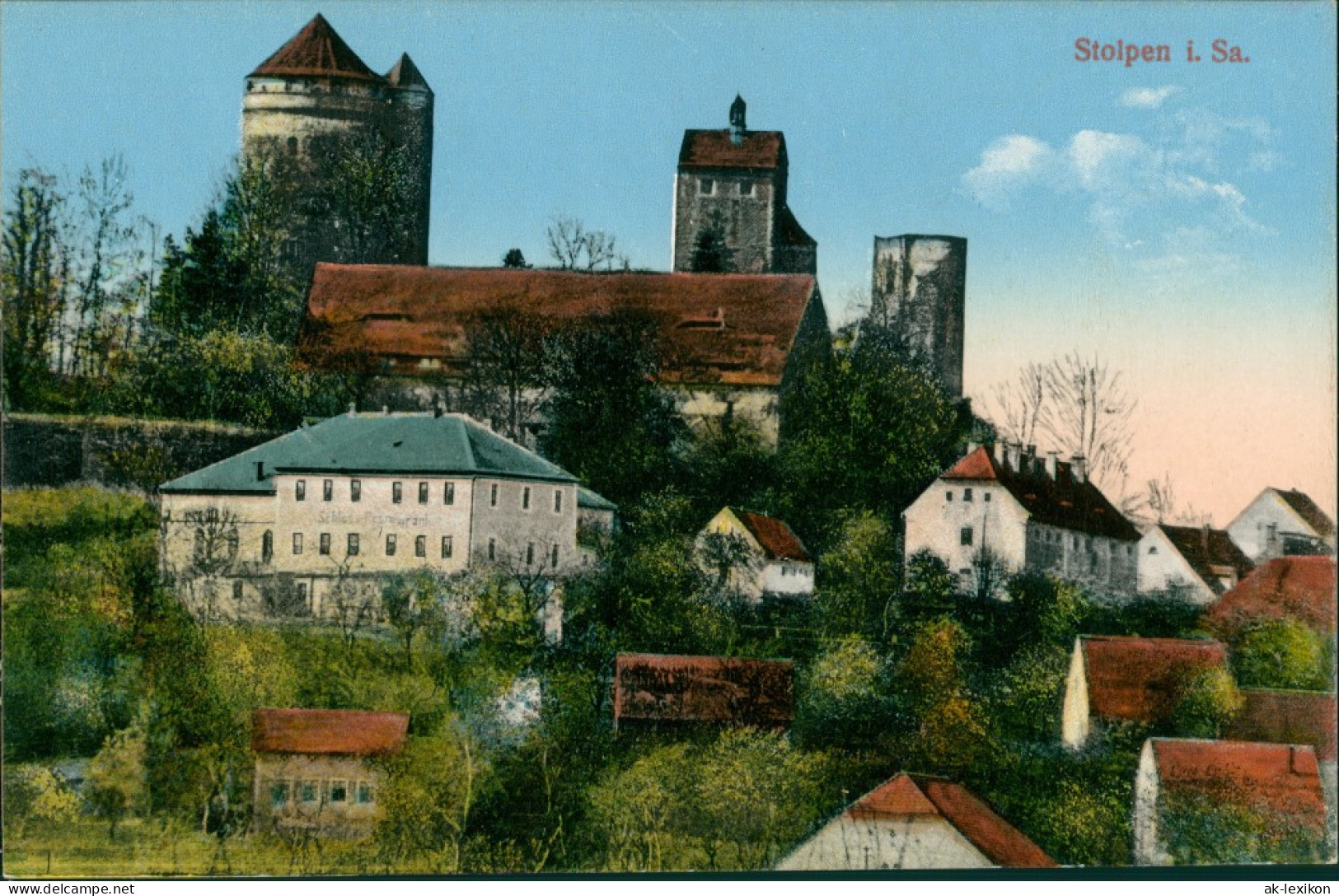 Ansichtskarte Stolpen Burgrestaurant, Stadt - Burg 1913  - Stolpen