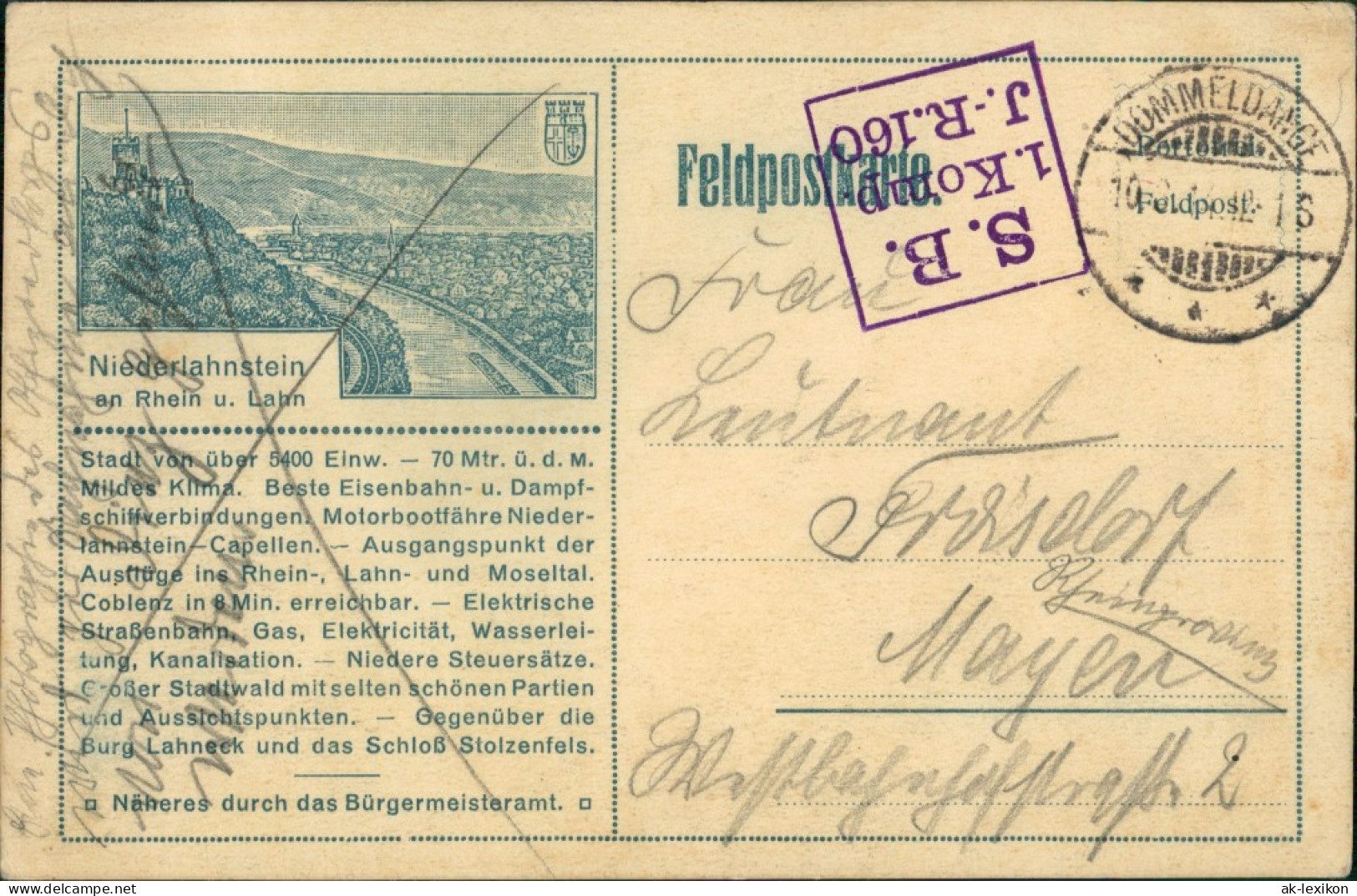 Ansichtskarte Niederlahnstein-Lahnstein Stadt - Feldpostkarte 1917 - Lahnstein