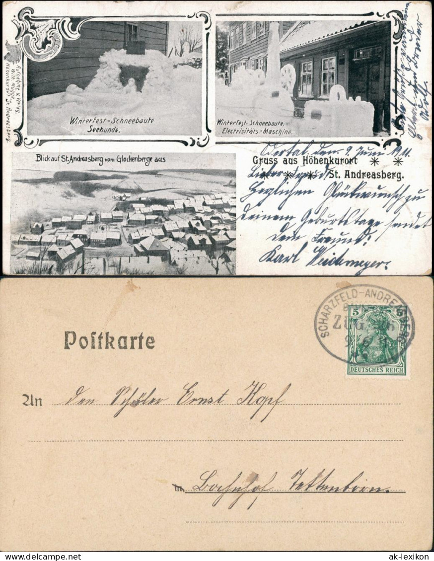 Ansichtskarte Sankt Andreasberg-Braunlage 3 Bild Winterfest - E-Werk 1906 - St. Andreasberg