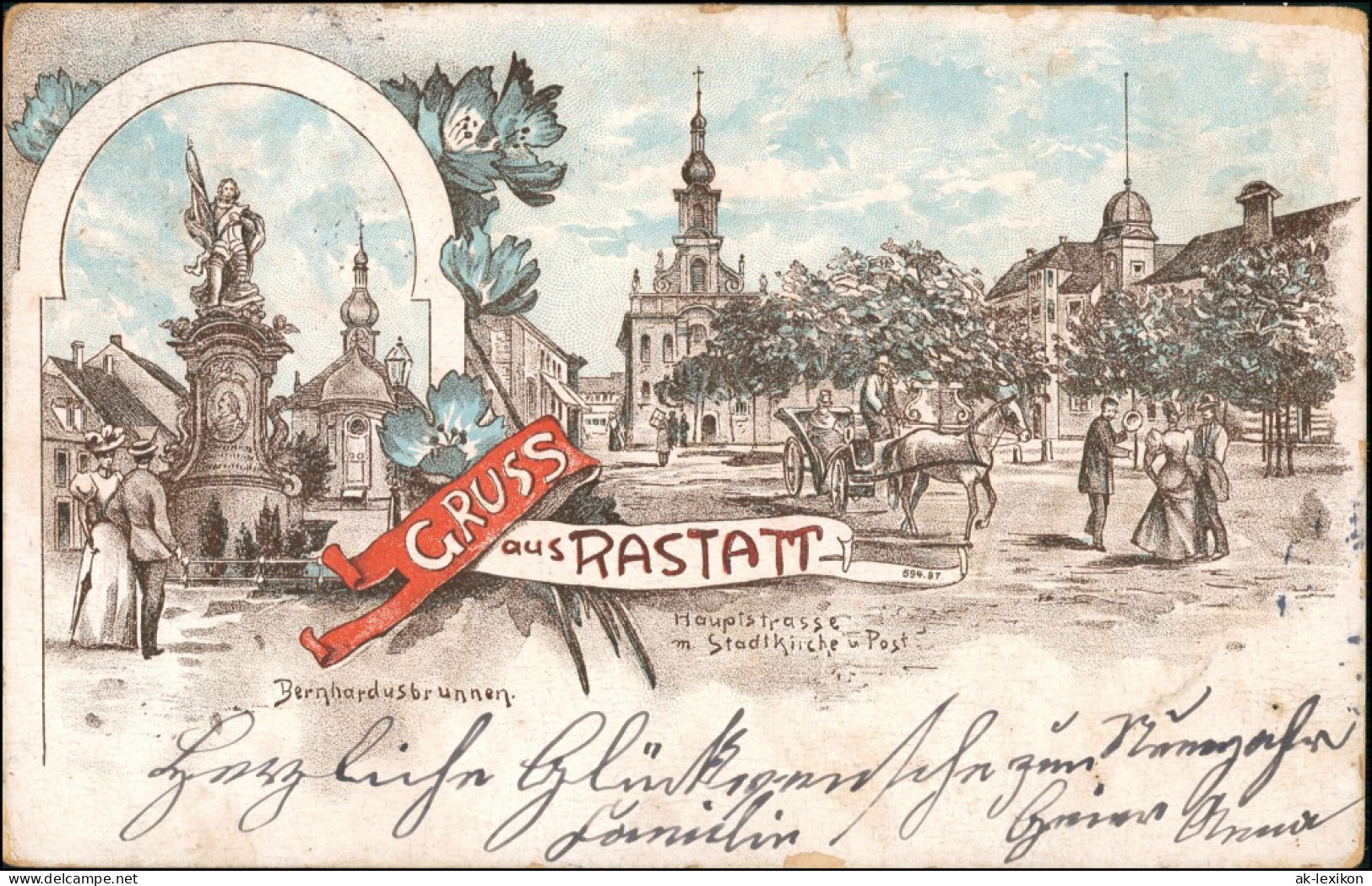Ansichtskarte Litho AK Rastatt 2 Bild: Brunnen U. Hauptstraße 1897 - Rastatt