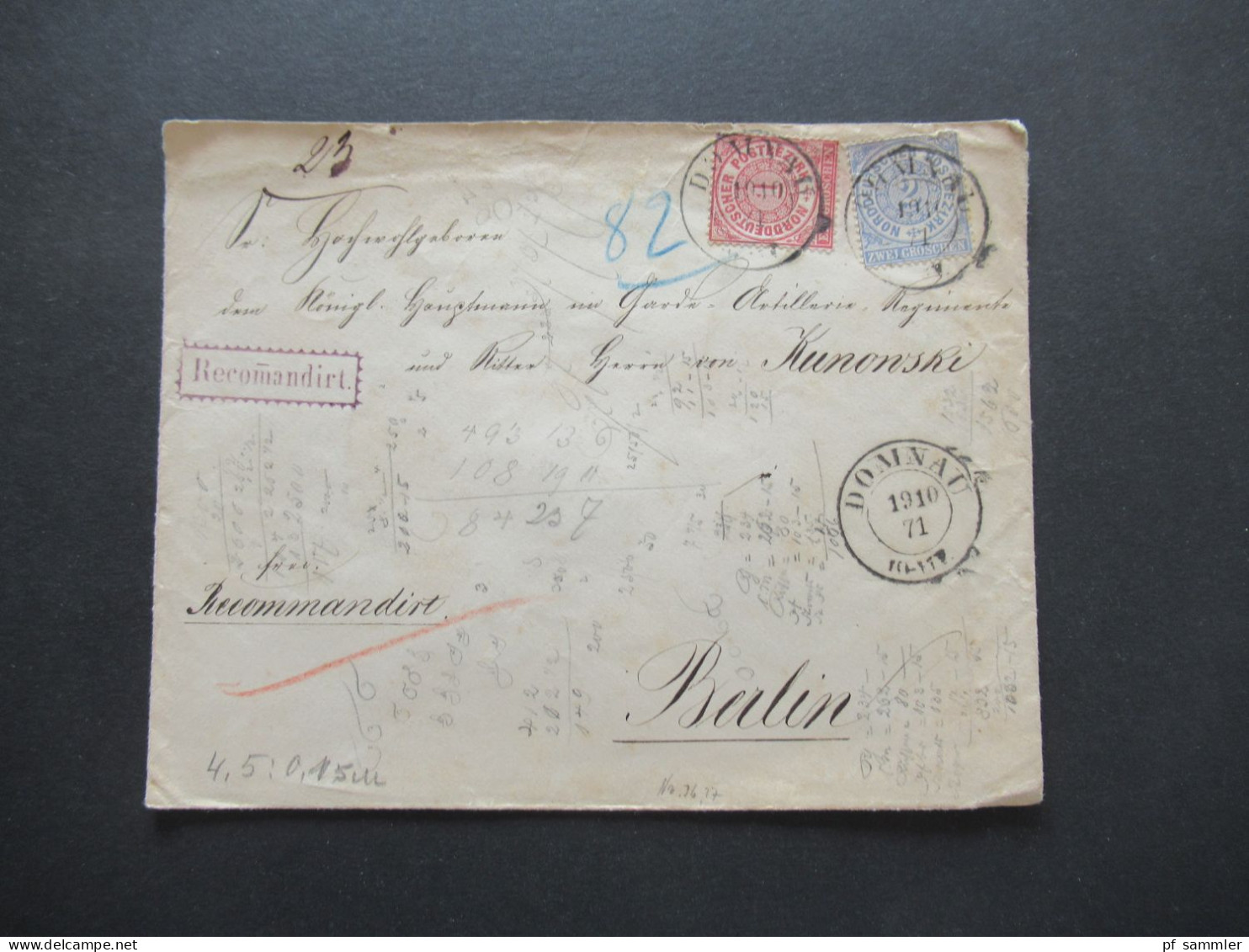 NDP 1871 Ostpreußen 2-Farbenfrankatur Recomandirt / Reko Beleg K2 Domnau Heute Domnowo / Militärpost Ritter Von Kunowski - Covers & Documents