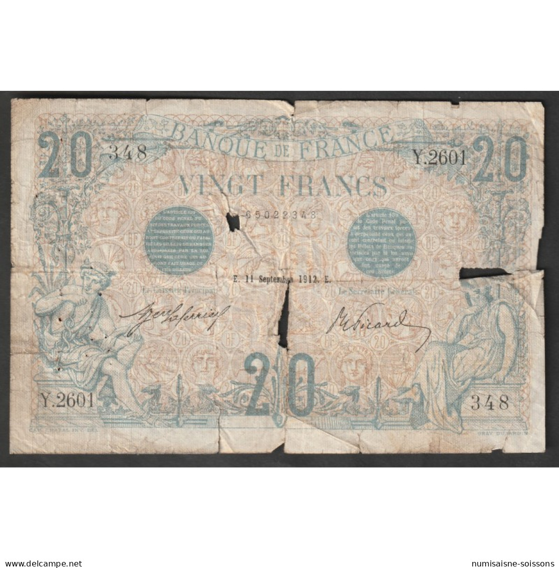 FAY 10/02 - 20 FRANCS BLEU - 11/09/1912 - PICK 68 - B - 20 F 1905-1913 ''Bleu''