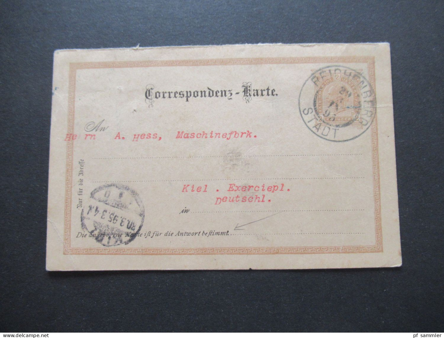 Österreich / Sudeten 1895 GA Fragekarte Großer K2 Reichenberg Stadt Nach Kiel Gesendet / Franz Rehwald Söhne Reichenberg - Cartes Postales