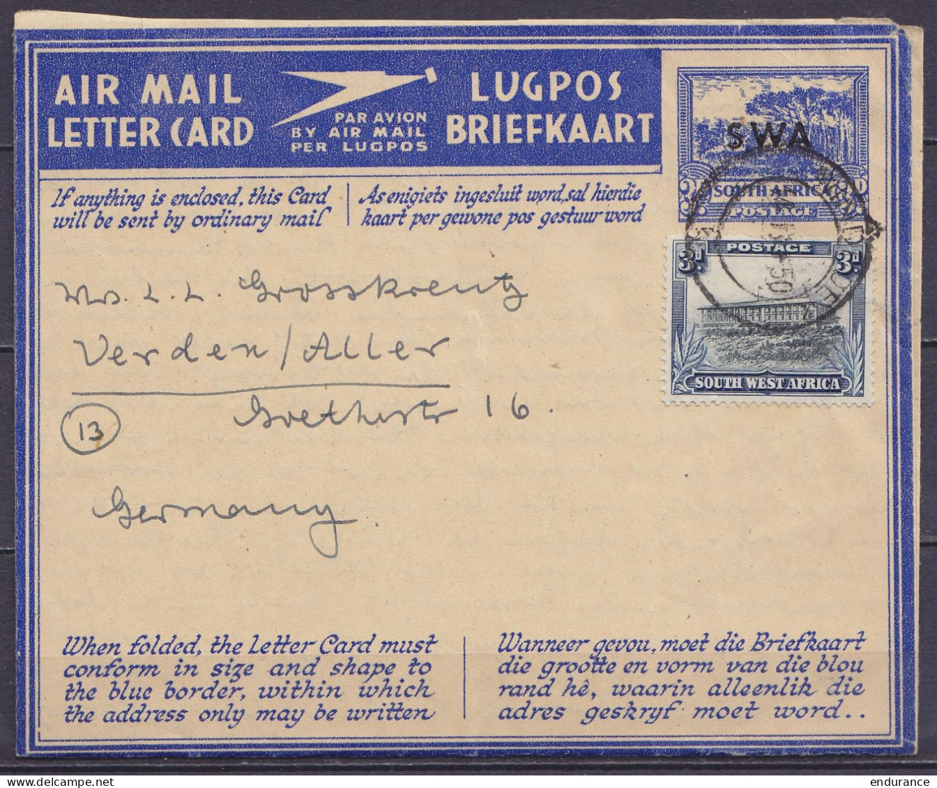 Afrique Du Sud Ouest (SWA) - Aérogramme 3d + 3d Càd WINDHOEK /1934 Pour VERDEN An Der ALLER Allemagne - Luftpost