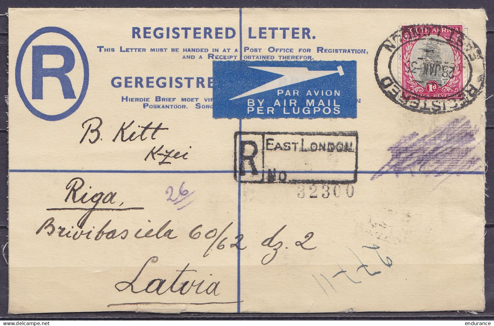 Afrique Du Sud - Env. Recommandée Par Avion Affr. 16d Càd Oval "REGISTERED /28 JAN 1935/ EAST LONDON" Pour RIGA Lettonie - Lettres & Documents