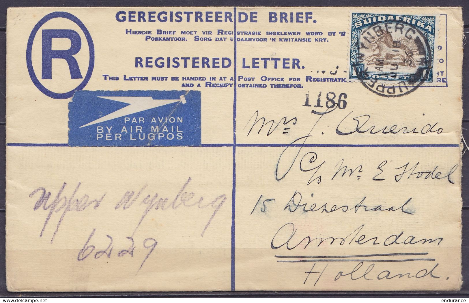 Afrique Du Sud - Env. Recommandée Par Avion Affr. 1S4d Càd UPPER WYNBERG /JU 18 1936 Pour AMSTERDAM Hollande - Lettres & Documents