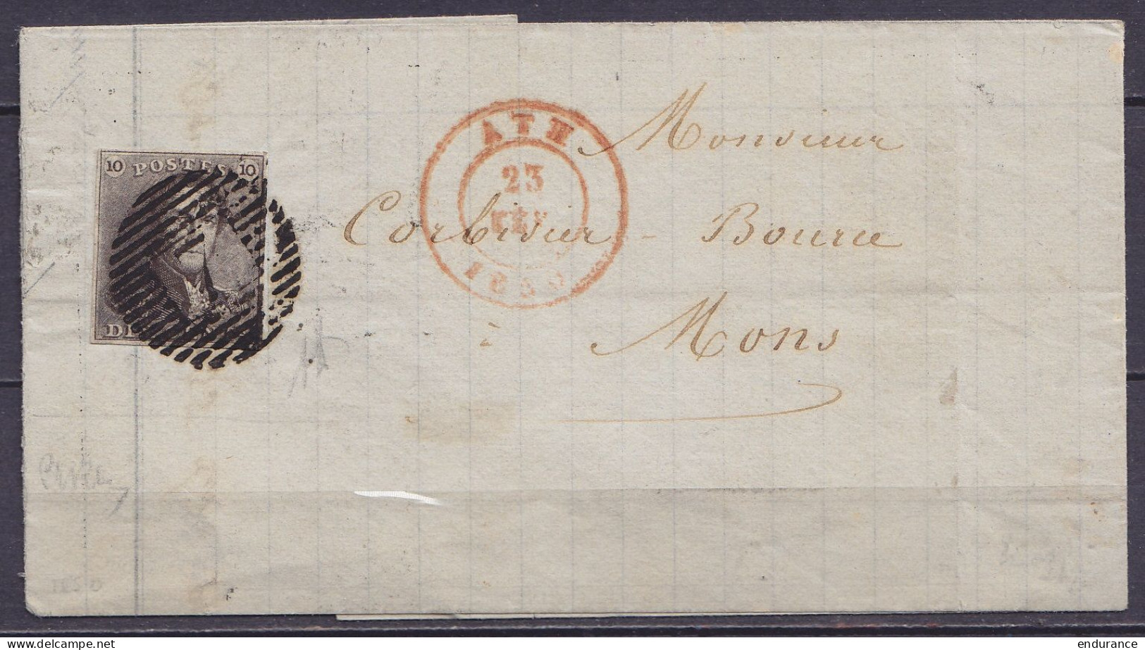 Superbe L. Datée 23 Février 1850 De Lessines Affr. N°1 P7 Càd ATH /23 FEV 1850 Pour MONS (au Dos: Càd Arrivée MONS) - Ra - 1849 Epaulettes