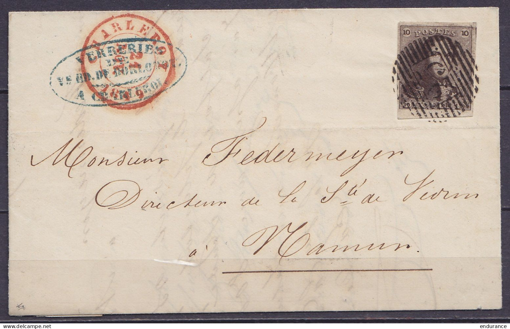 Superbe L. Affr. N°1 (margé & BdF) P25 Bien Marqué Càd CHARLEROY /21 NOV. 1849 (centre Décalé) Pour NAMUR (au Dos: Càd A - 1849 Epaulettes