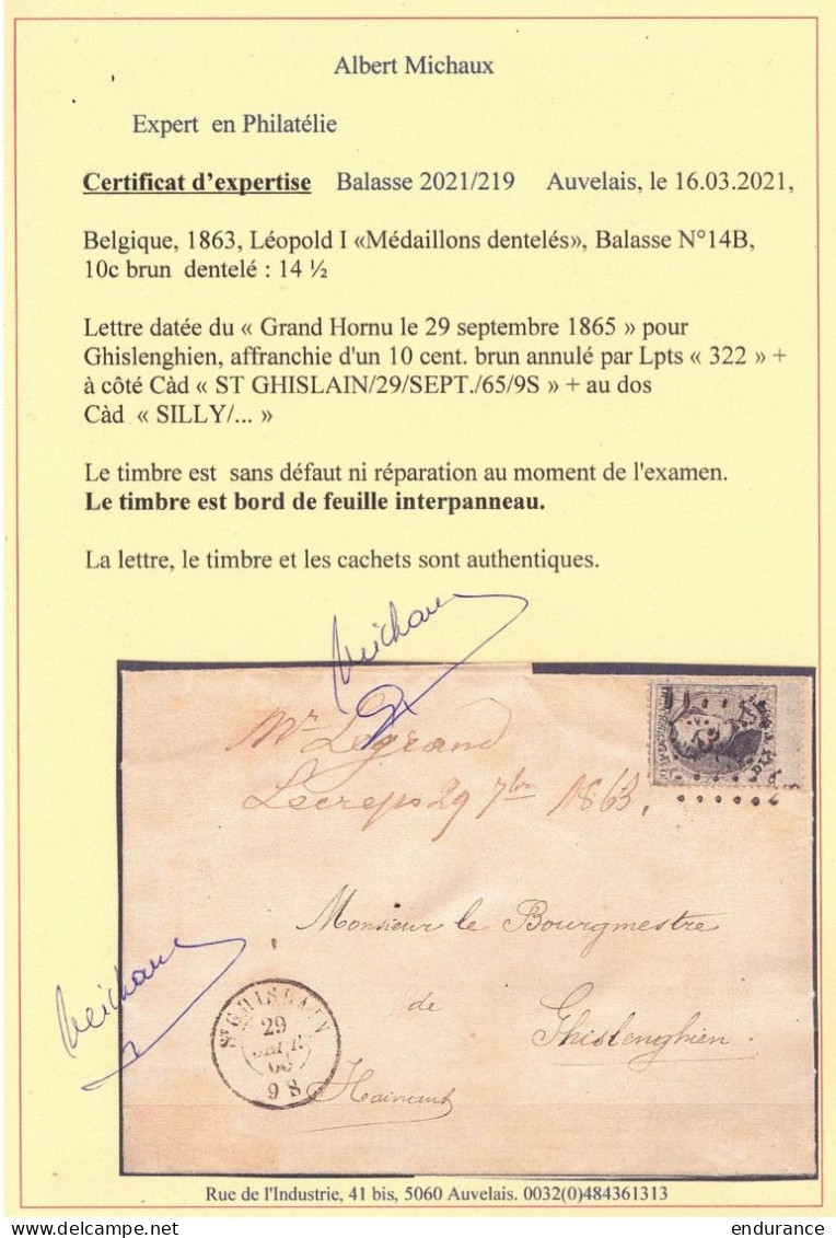 L. Datée 29 Septembre 1865 De Grand Hornu Affr. N°14B (bord Interpanneau) Lpts "322" Càd St-GHISLAIN /29 SEPT 1865 Pour  - 1863-1864 Médaillons (13/16)