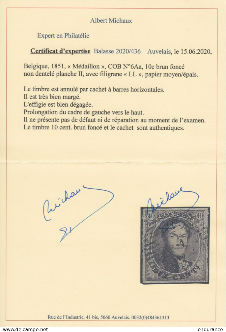Belgique - N°6Aa Médaillon 10c Brun Foncé (pl. II) Papier Moyen/épais Oblit. Cachet à Barres Horizontales - Effigie Bien - 1851-1857 Médaillons (6/8)