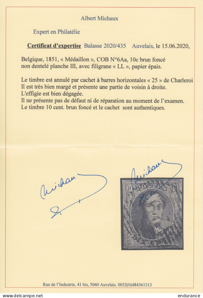 Belgique - N°6Aa Médaillon 10c Brun Foncé (pl. III) Oblit. P25 CHARLEROI - Effigie Dégagée, Très Bien Margé, Partie De V - 1851-1857 Medallions (6/8)