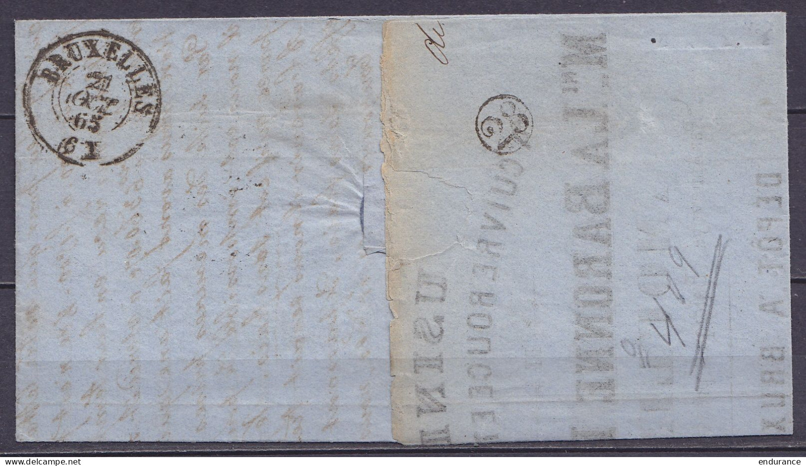 L. Datée 20 Octobre 1865 De Moulins Pour BRUXELLES - Affr. N°15B (bleu Clair) Annulé à L'arrivée (rare !) Lpts "60" Càd  - 1863-1864 Medaglioni (13/16)