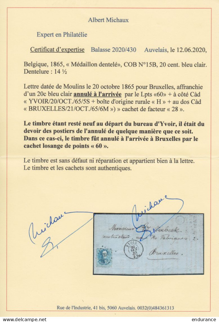 L. Datée 20 Octobre 1865 De Moulins Pour BRUXELLES - Affr. N°15B (bleu Clair) Annulé à L'arrivée (rare !) Lpts "60" Càd  - 1863-1864 Médaillons (13/16)