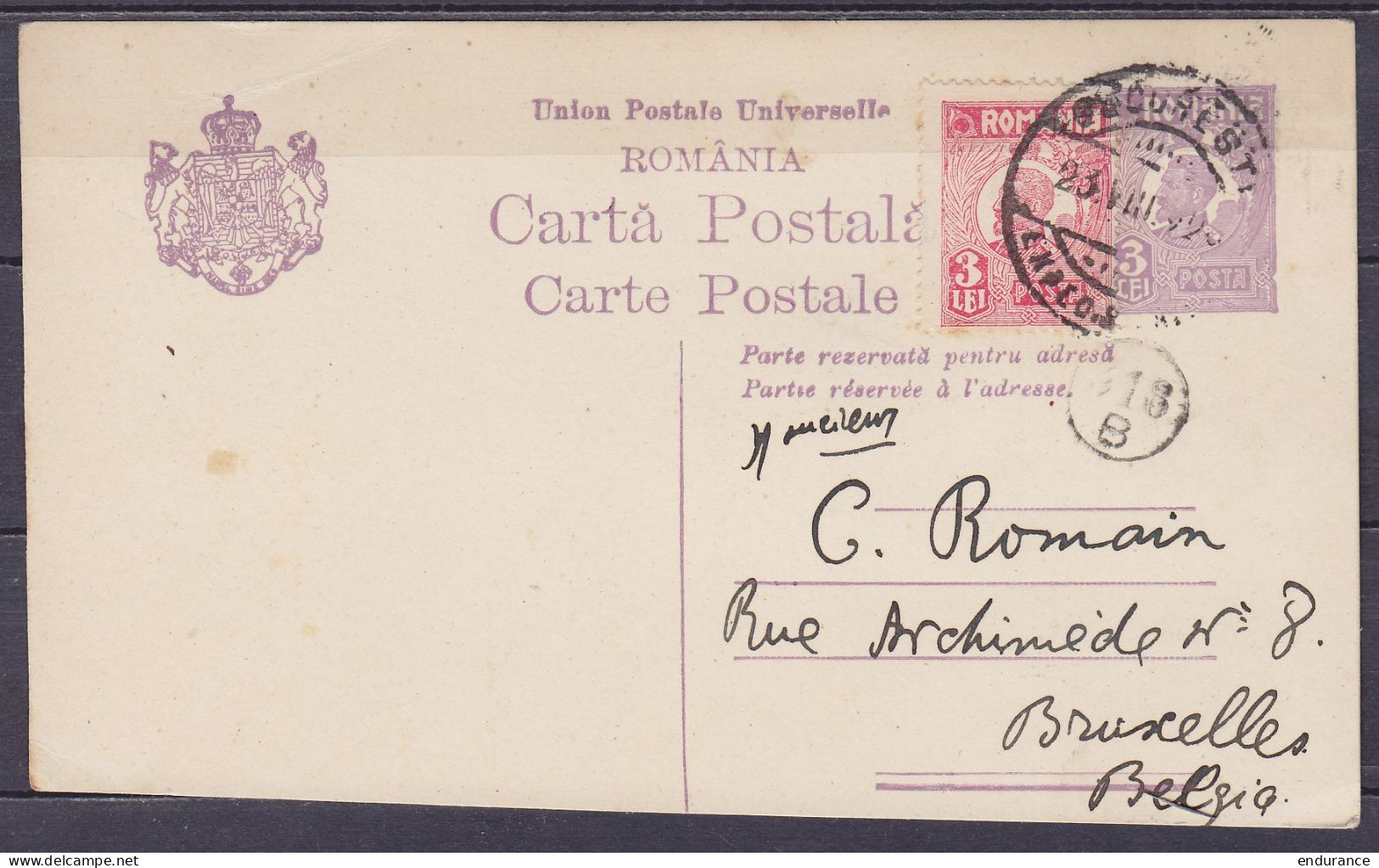 Roumanie - EP CP Carta Postala 3L + 3L Càpt BUCURESTI /23.VIII.19?? Pour BRUXELLES Belgique - Storia Postale