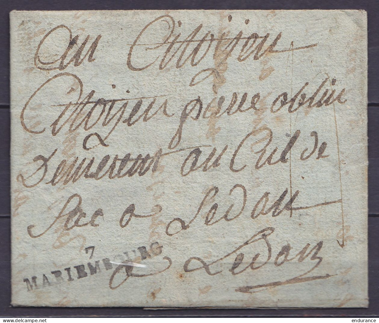 L. Datée 19 Pluviöse An 2 (7 Février 1794) De BOSSU Pour SEDAN - Griffe "7/ MARIEMBOURG - Port "II" - 1794-1814 (French Period)