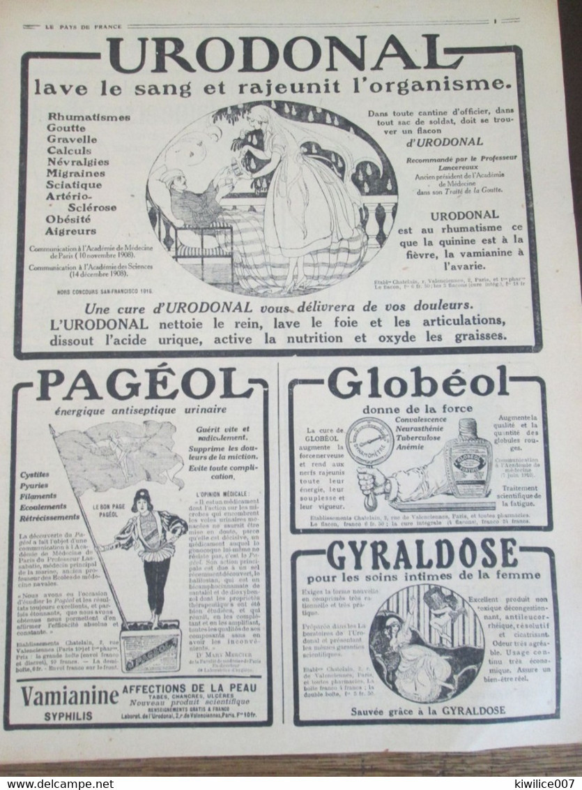 Publicité  Médicaments   1916  Urodonal   Pagéol   Globéol   Gyraldose Kneipp Aspirine      Abbé Hamon Cure - Ohne Zuordnung