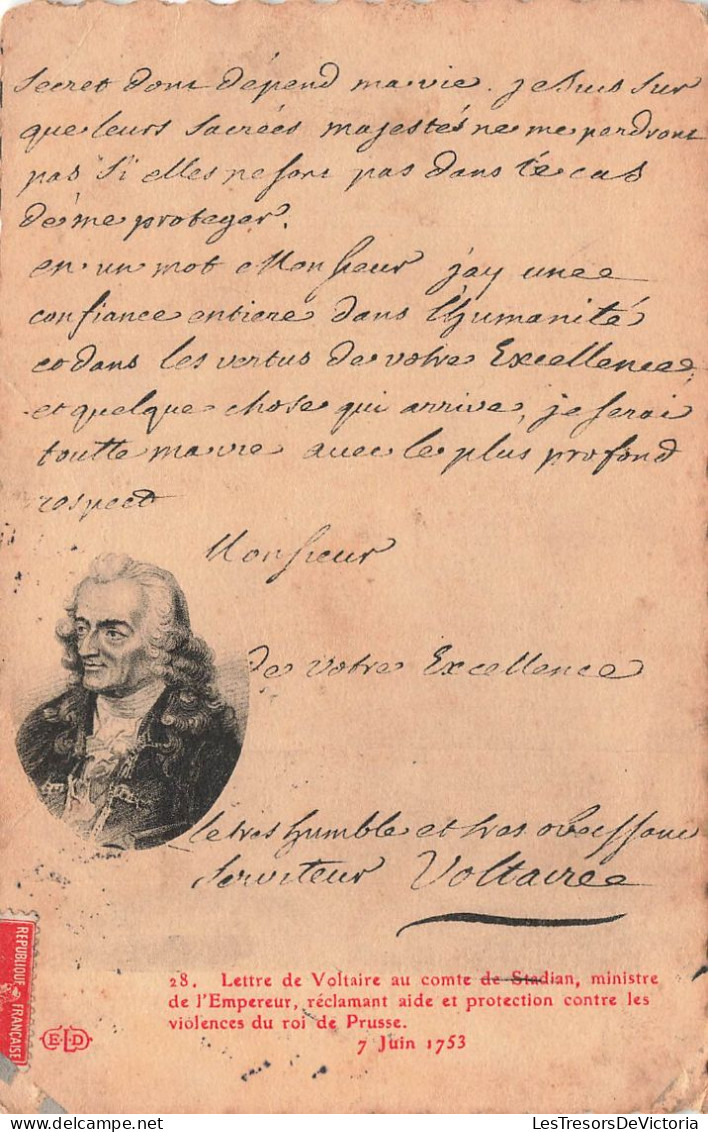 EVÉNEMENTS - Lettre De Voltaire Au Compte De Stadian - Aide Et Protection Contre Les Violences - Carte Postale Ancienne - Autres & Non Classés