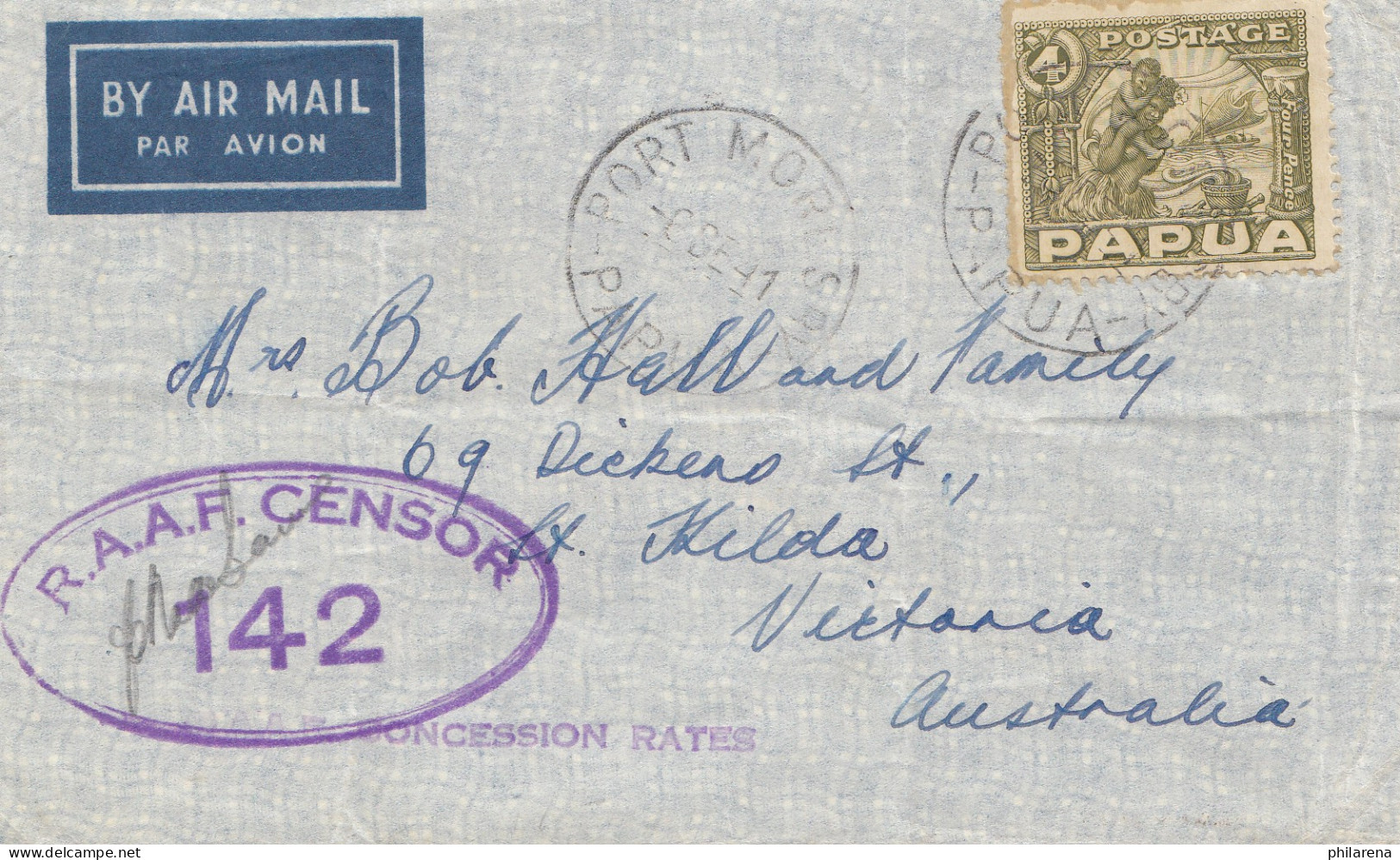 Papua 1941: Air Mail Port Mort To Victoria/Aus.- RAAF Censor-Concession Rates - Papua New Guinea