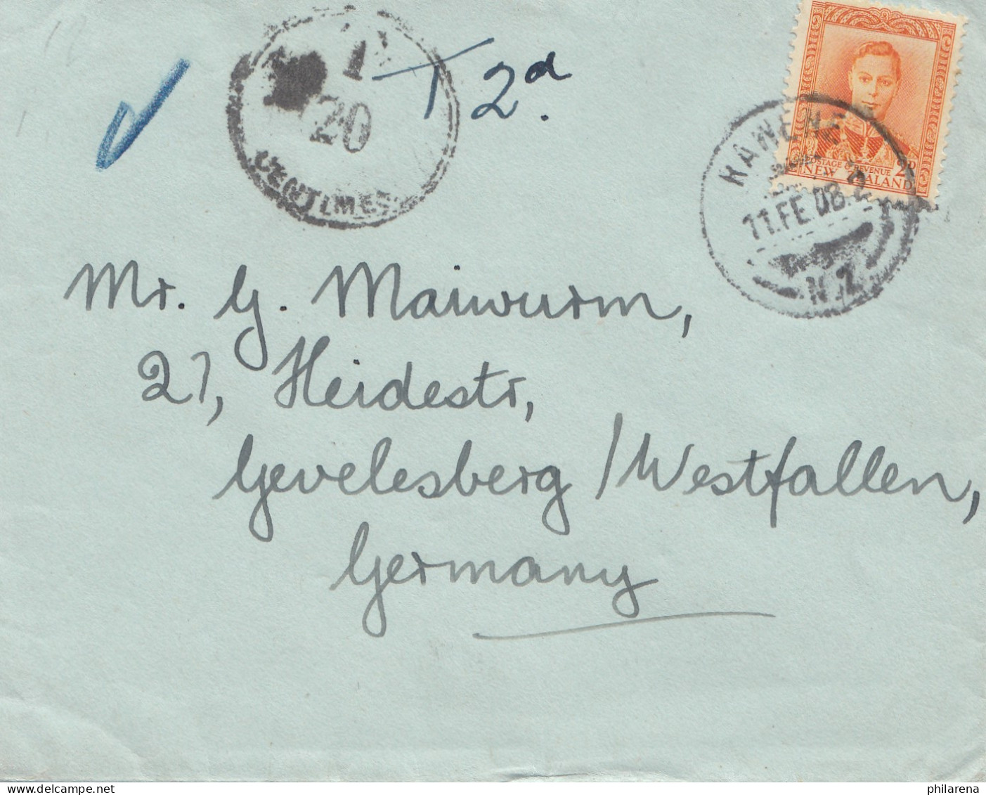 New Zealand: 1908: Rawene To Germany - Taxe - Other & Unclassified