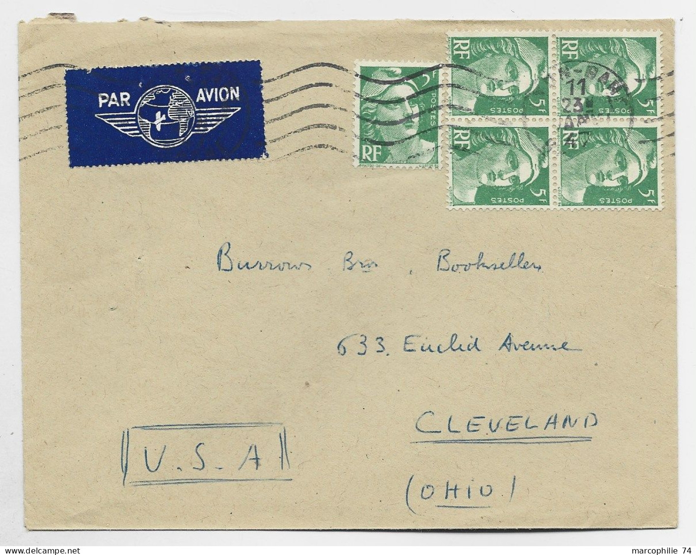 GANDON 5FR VERT BLOC DE 4+1 LETTRE AVION LYON GARE 1947 POUR USA AU TARIF - 1945-54 Marianne Of Gandon