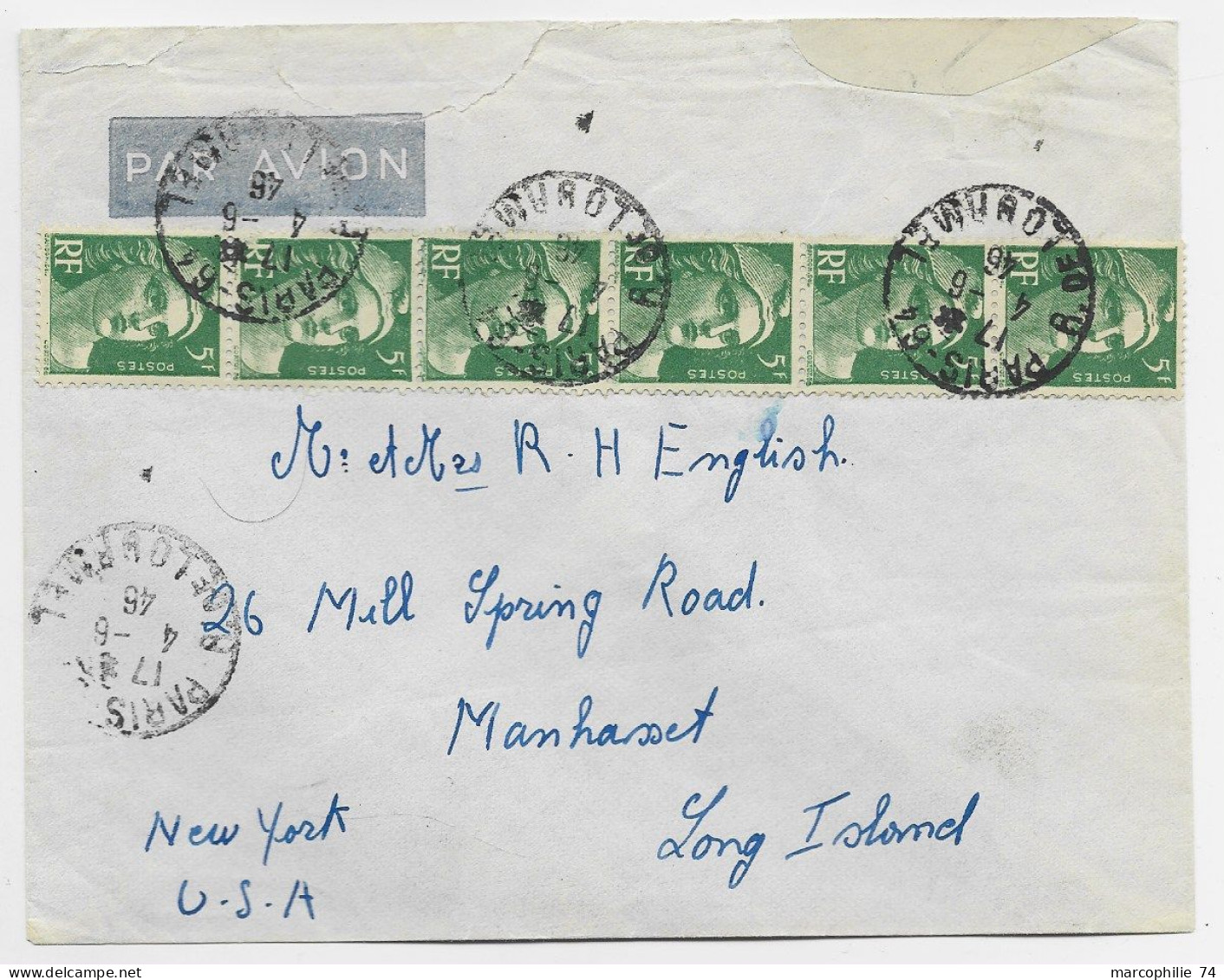 GANDON 5FR VERT BANDE DE 6 LETTRE AVION PARIS 4.6.1946 POUR USA  AU TARIF - 1945-54 Marianne Of Gandon