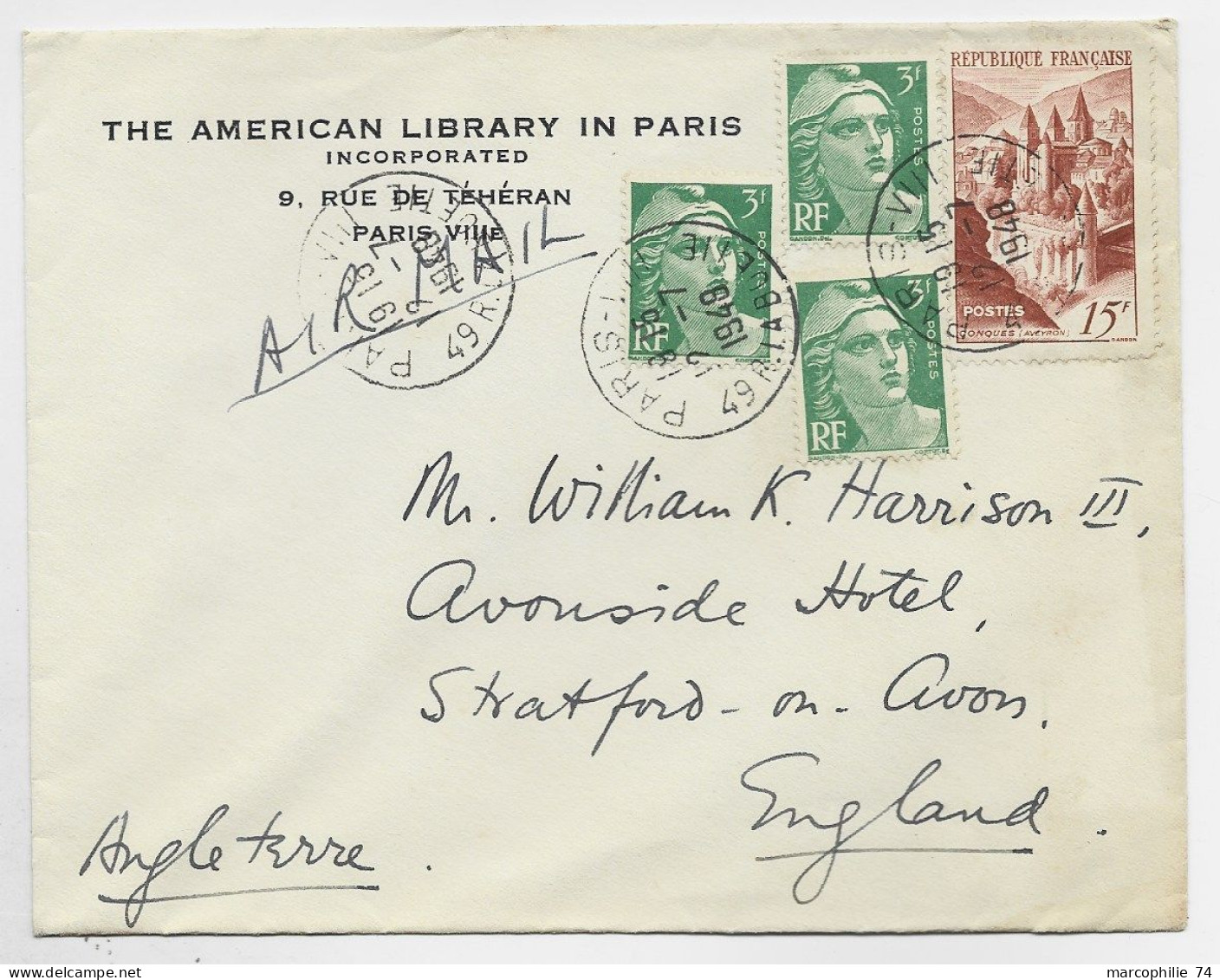 GANDON 3FR VERTX3 N°792  LETTRE AVION PARIS 12.7.1948 POUR ANGLETERRE  AU TARIF - 1945-54 Marianne Of Gandon