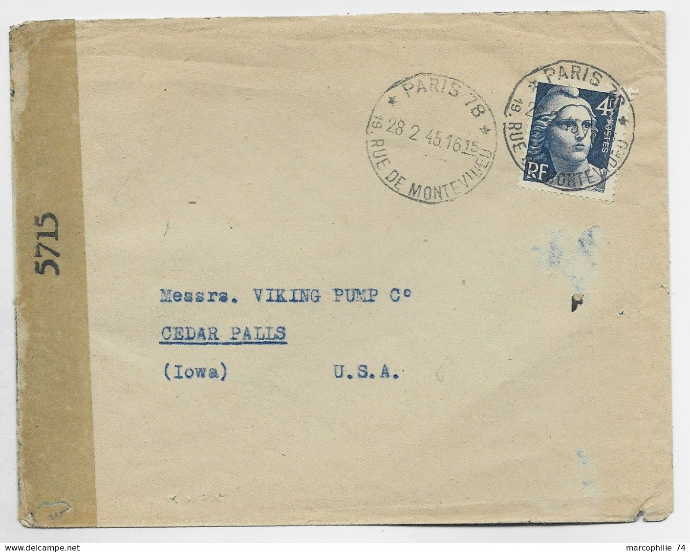 GANDON 4FR GRAVE SEUL LETTRE COVER PARIS 78 28.2.1945 POUR USA + CENSURE  AU TARIF - 1945-54 Marianne De Gandon