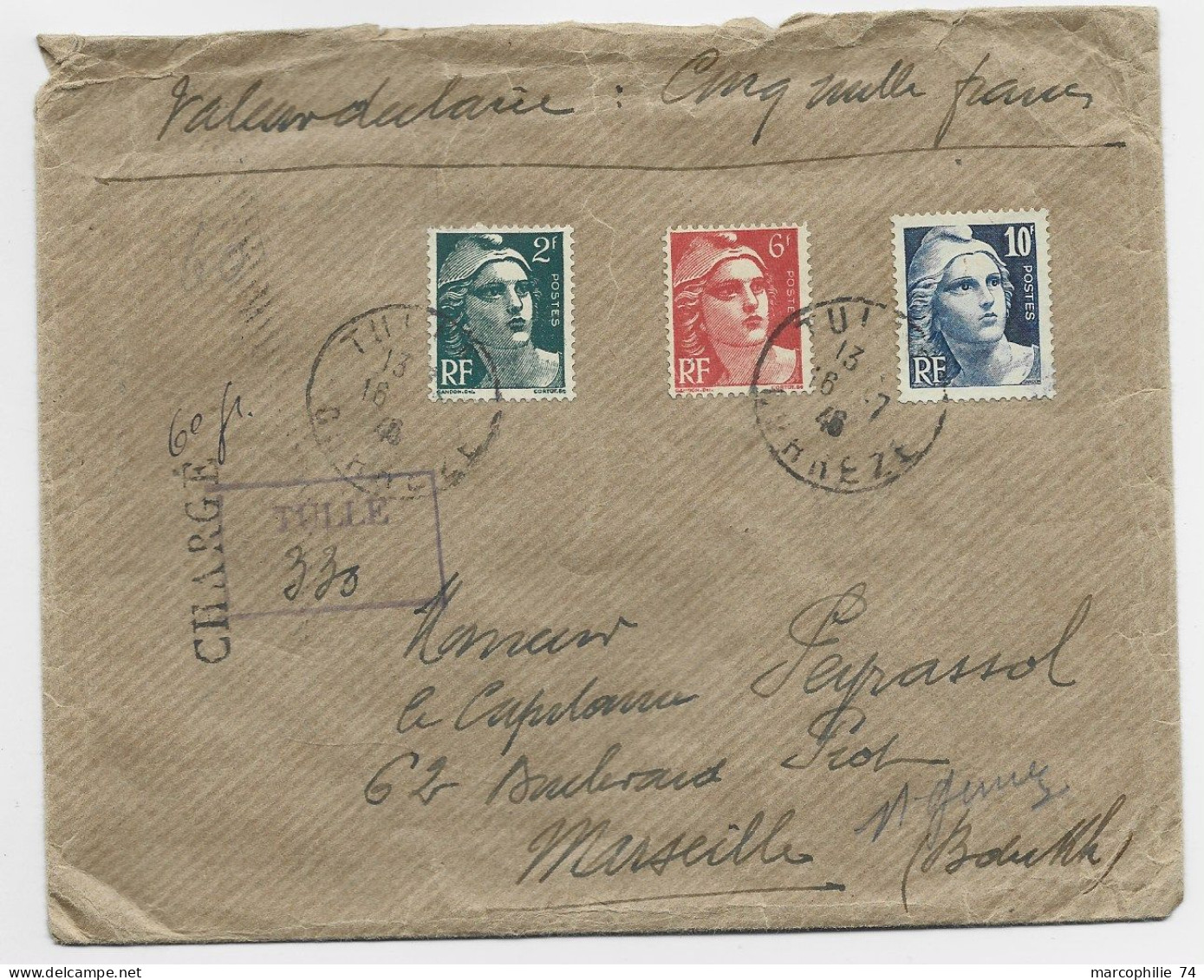 GANDON 10FR GRAVE +2FR+6FR  LETTRE COVER REC PROVISOIRE CHARGE TULLE 16.7.1946 CORREZE AU TARIF 3EME - 1945-54 Maríanne De Gandon