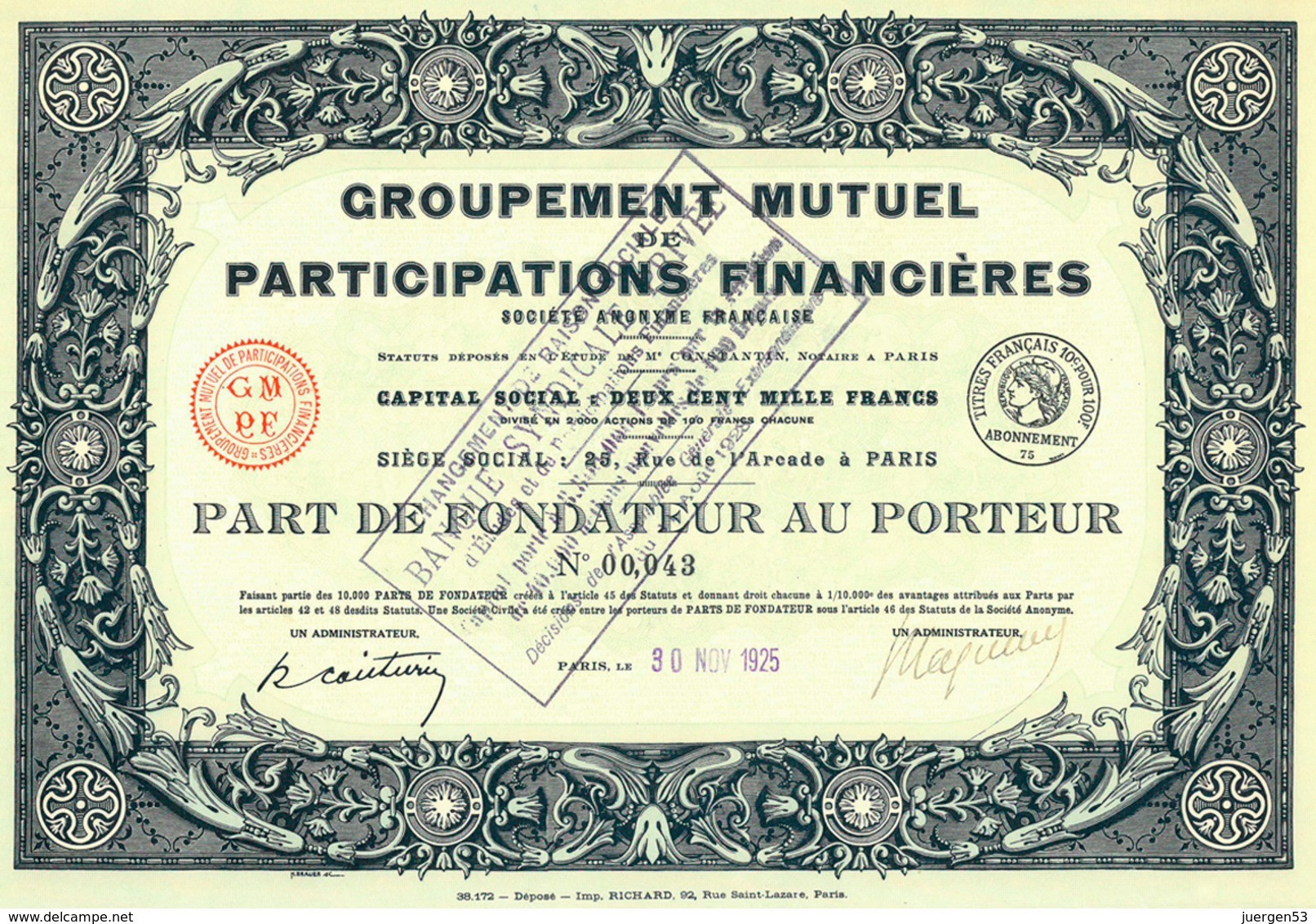 L‘ART: Groupement Mutuel De Participations Financières (Imp. Richard) - Banco & Caja De Ahorros