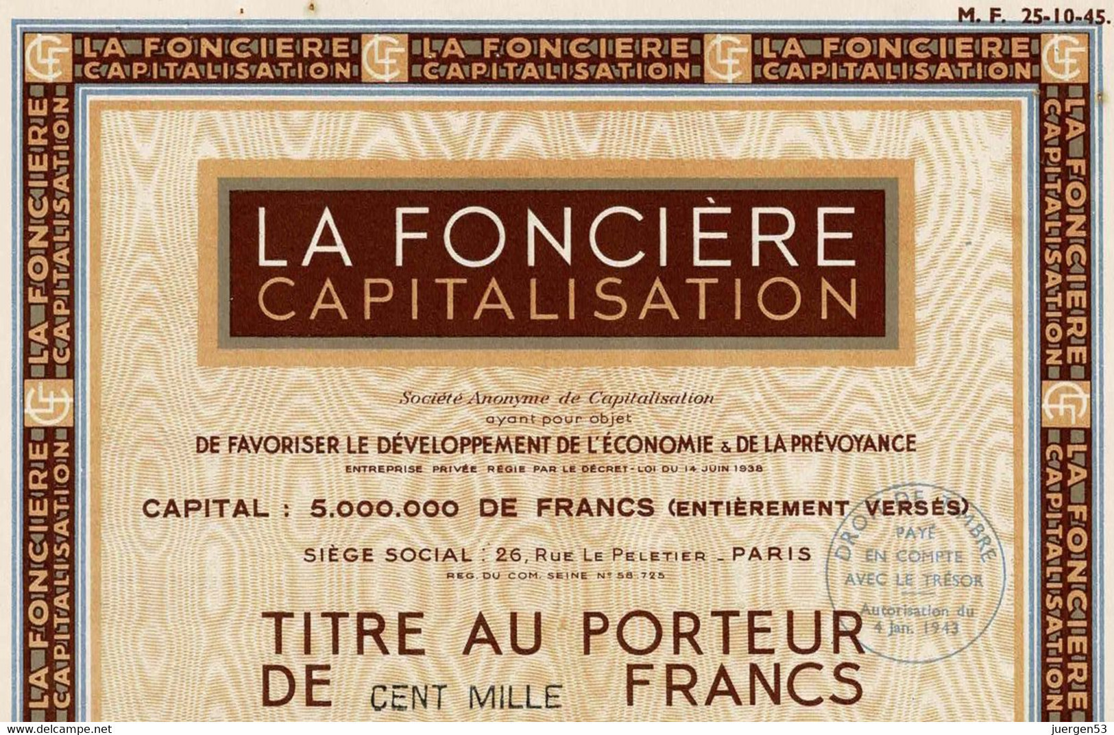 LA FONCIÈRE CAPITALISATION 1946 - Bank & Versicherung