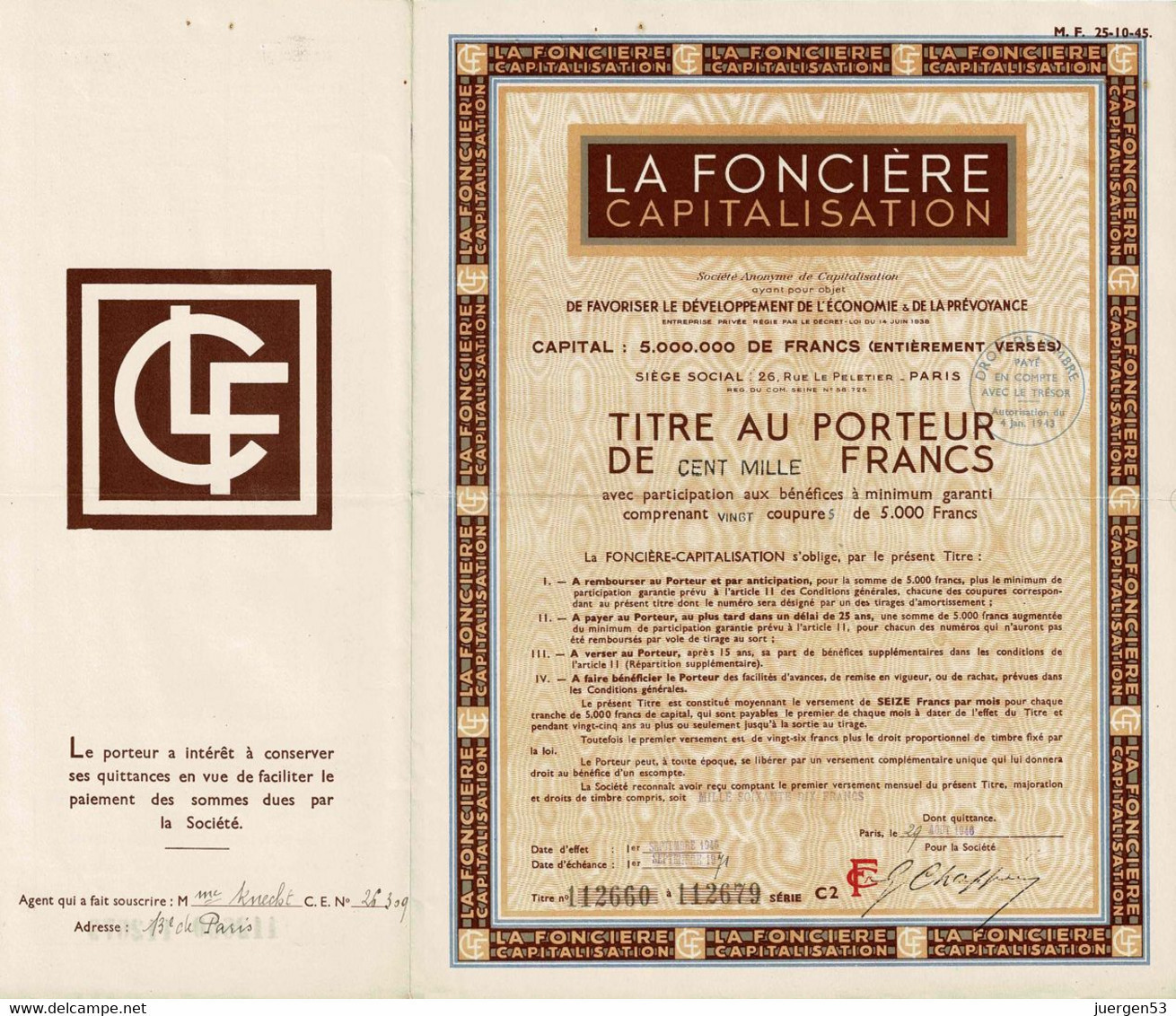 LA FONCIÈRE CAPITALISATION 1946 - Bank & Versicherung