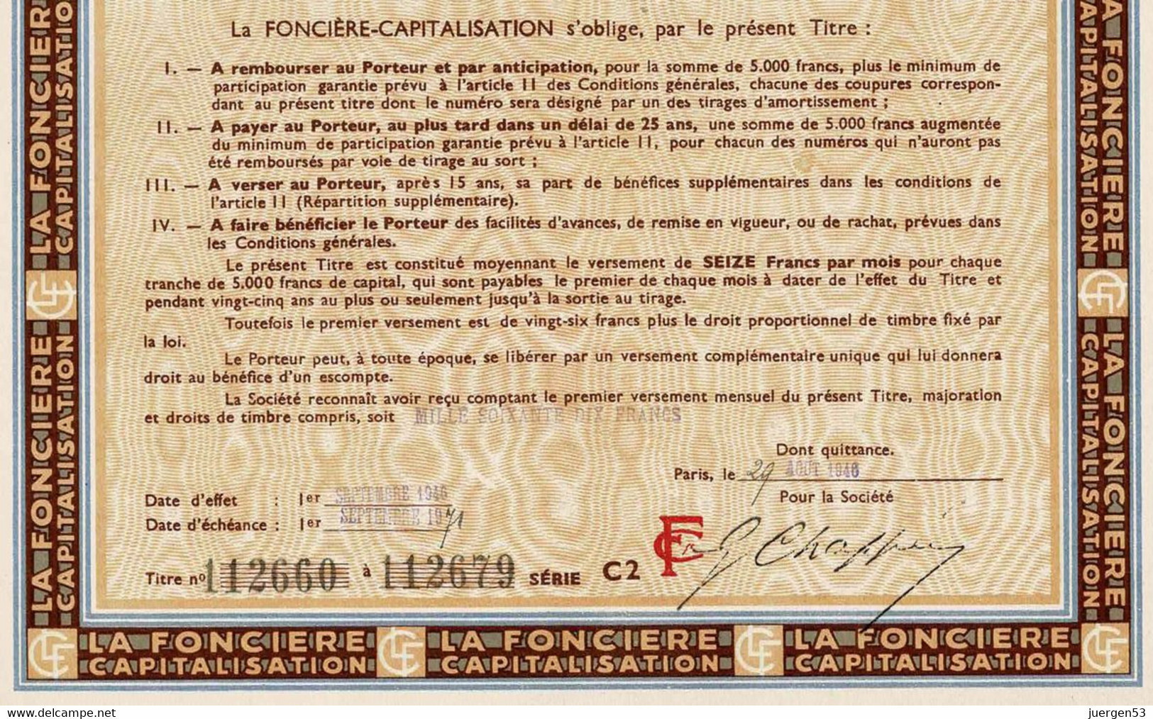 LA FONCIÈRE CAPITALISATION 1946 - Banco & Caja De Ahorros