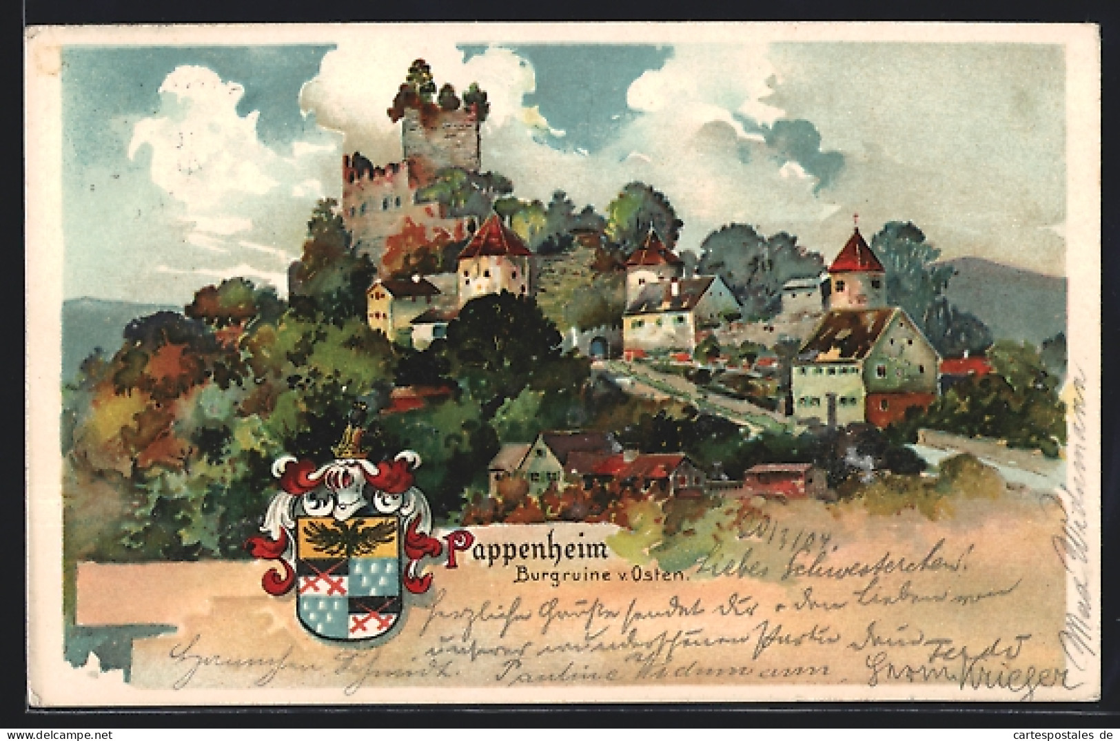 Künstler-AK Pappenheim, Burgruine Von Osten, Wappen  - Pappenheim