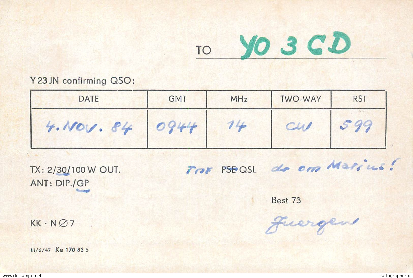 German Democtaric Republic Radio Amateur QSL Card Y23JN Y03CD 1984 - Radio Amatoriale