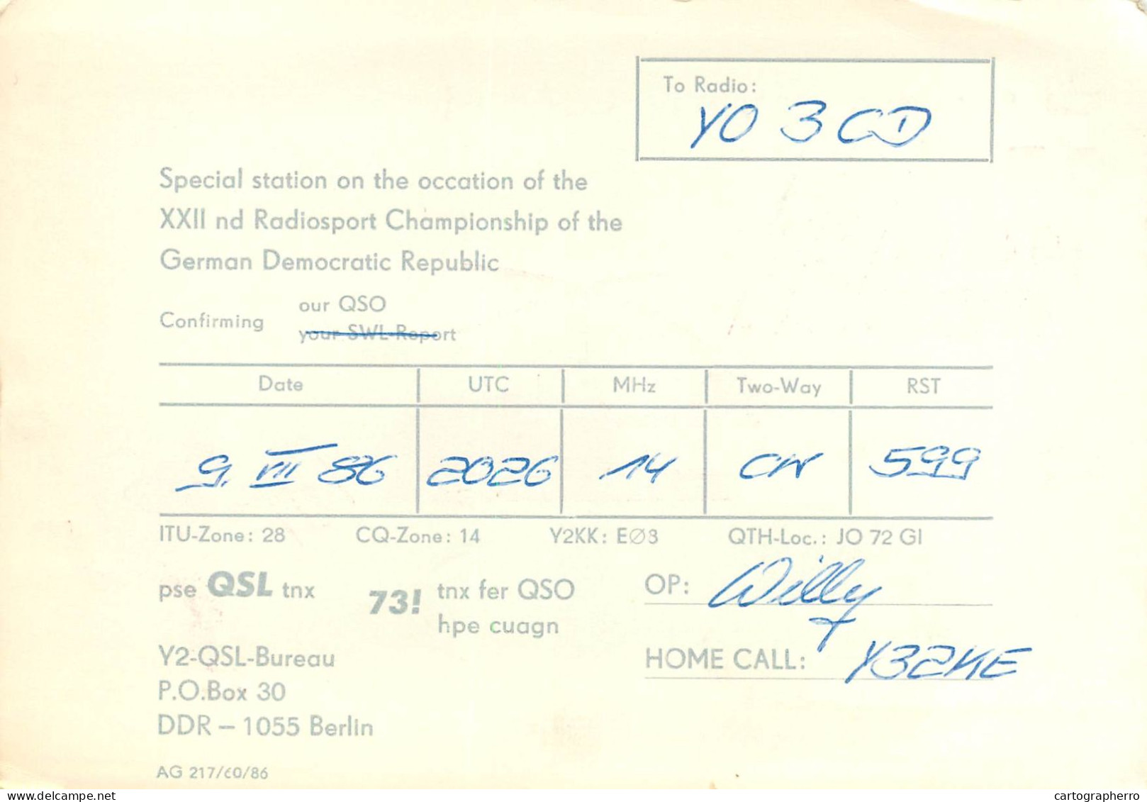 German Democtaric Republic Radio Amateur QSL Card Y86GST Y03CD 1986 - Radio Amateur