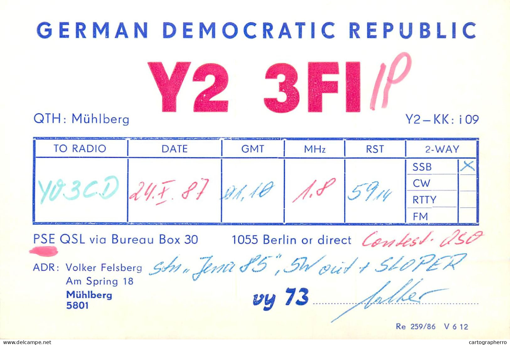 German Democtaric Republic Radio Amateur QSL Card Y23FI Y03CD 1987 - Radio Amatoriale