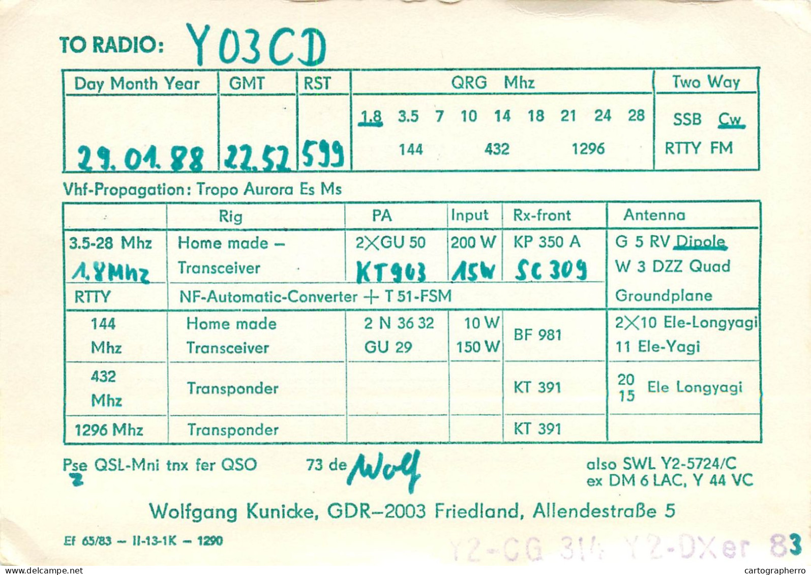 German Democtaric Republic Radio Amateur QSL Card Y22IC Y03CD 1988 - Radio Amateur