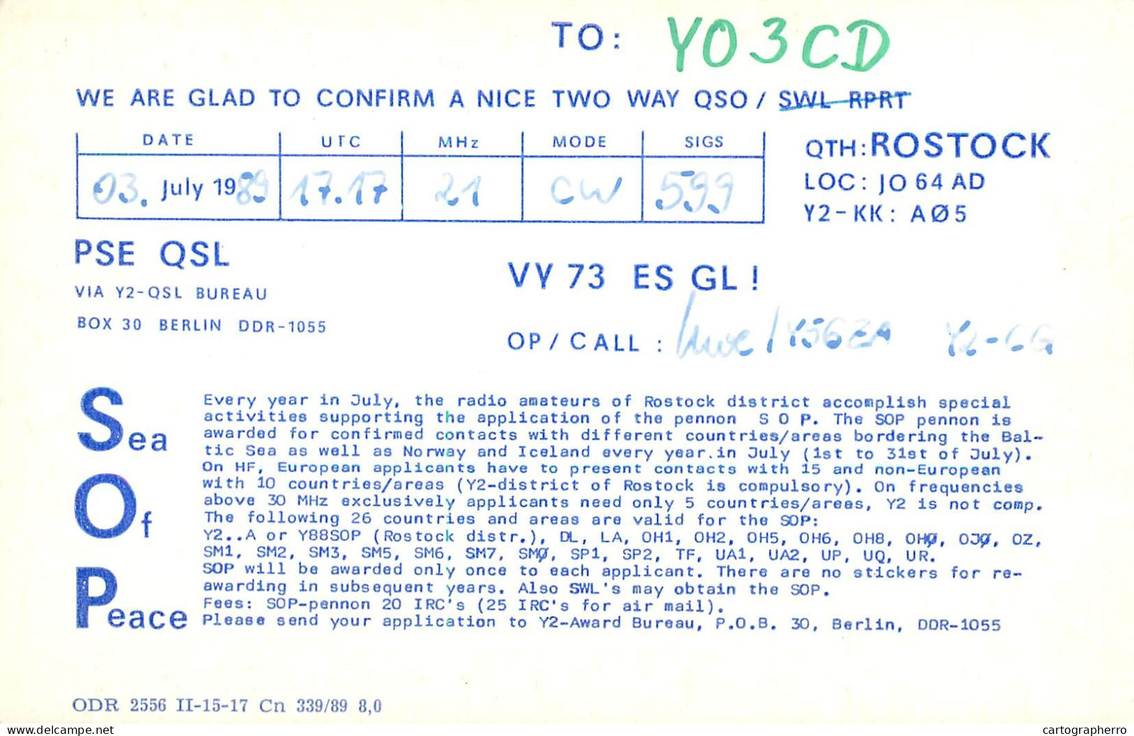 German Democtaric Republic Radio Amateur QSL Card Y73SOP Y03CD 1989 - Radio Amatoriale
