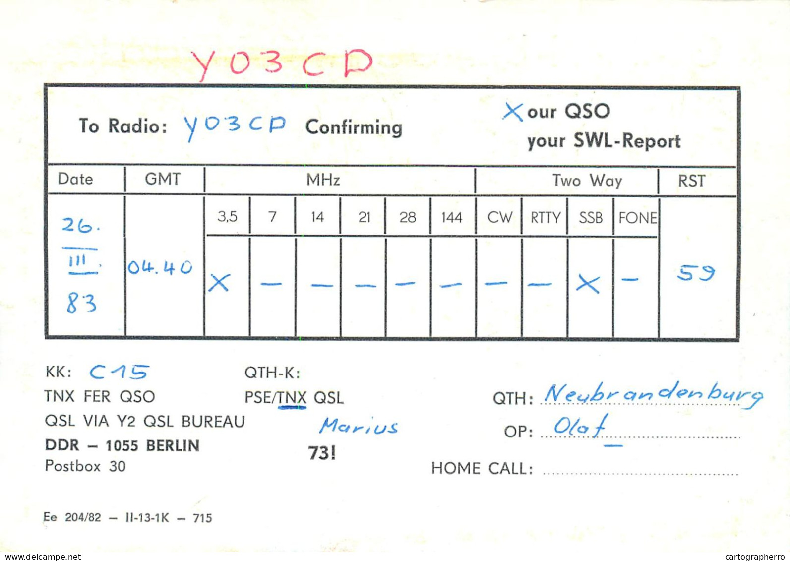 German Democtaric Republic Radio Amateur QSL Card Y32OC Y03CD 1983 - Radio Amatoriale