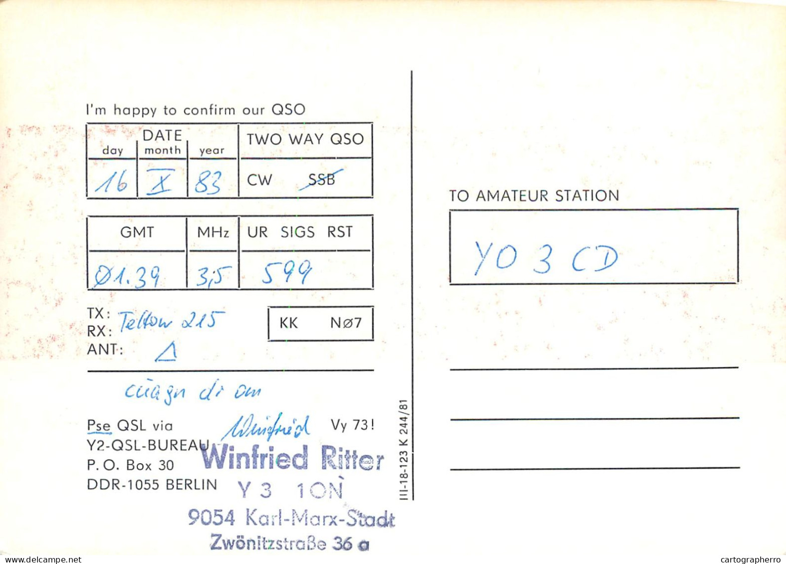 German Democtaric Republic Radio Amateur QSL Card Y31ON Y03CD 1983 - Radio Amatoriale