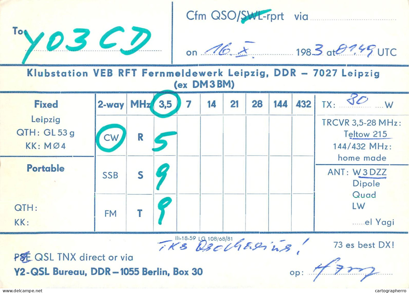 German Democtaric Republic Radio Amateur QSL Card Y31QM  Y03CD 1983 - Radio Amatoriale