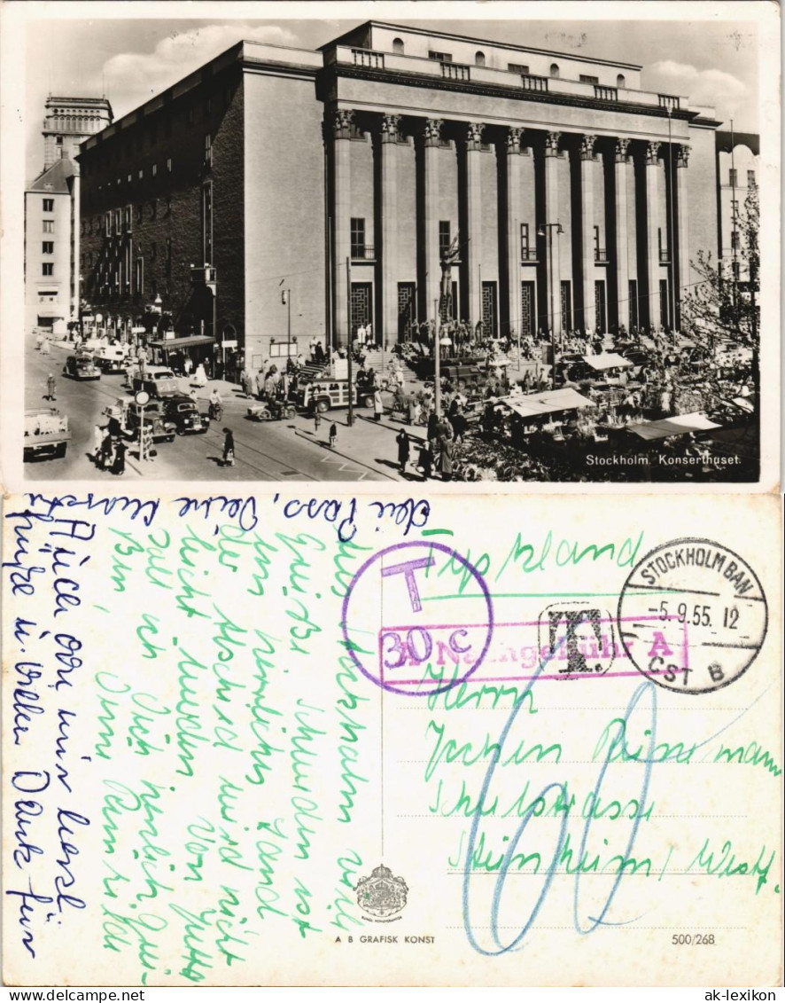 Stockholm Konserthuset Straßen   Am Konzerthaus 1955   Mit Nachgebühr-Stempel - Schweden