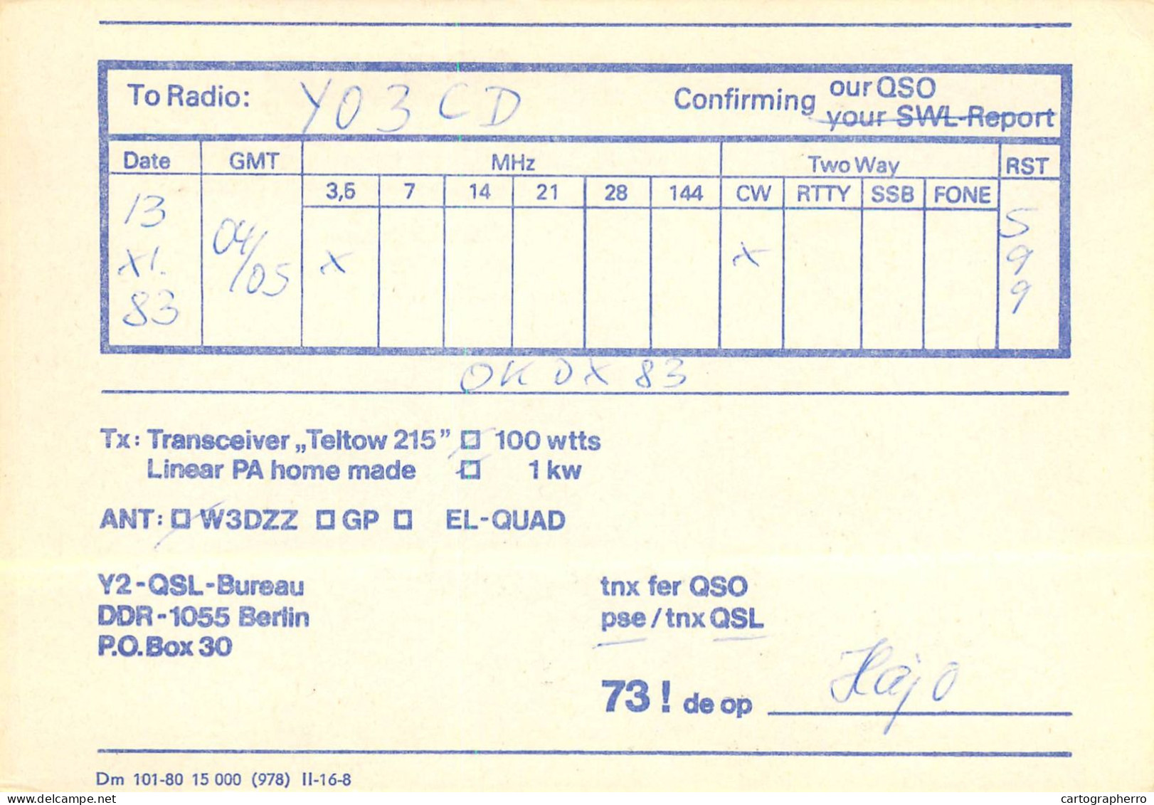German Democtaric Republic Radio Amateur QSL Card Y31SB  Y03CD 1983 - Radio Amatoriale