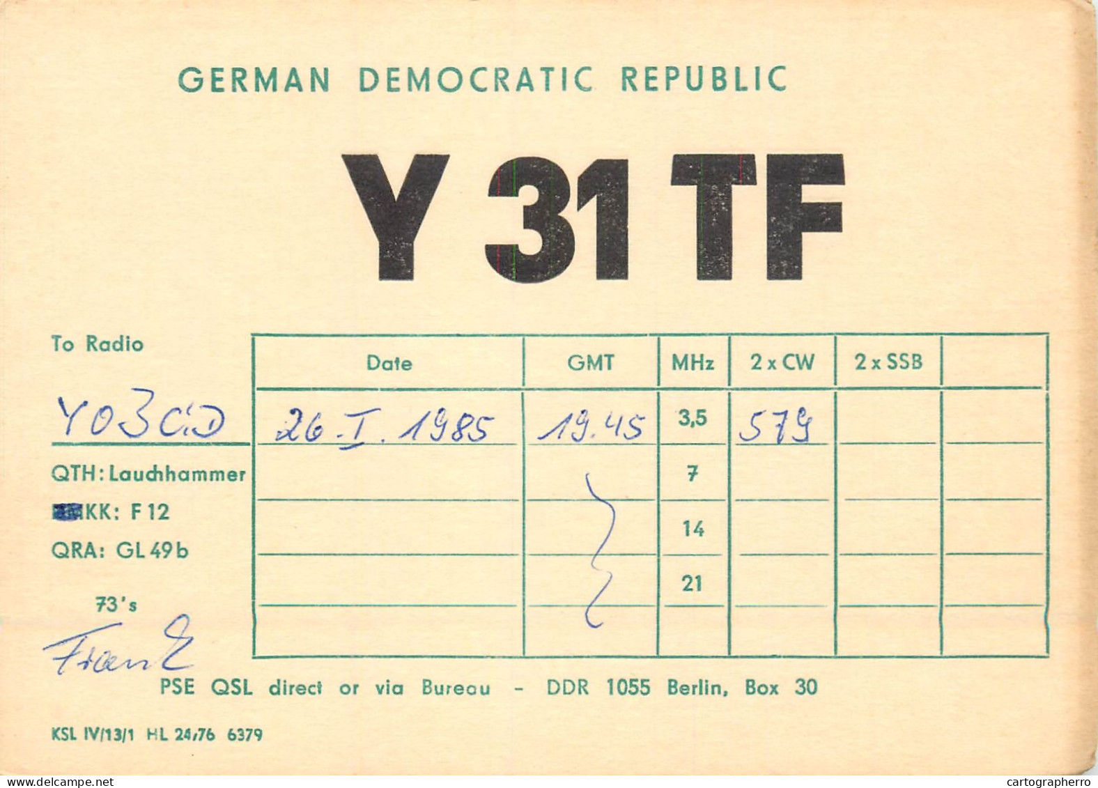 German Democtaric Republic Radio Amateur QSL Card Y31TF  Y03CD 1985 - Radio Amateur