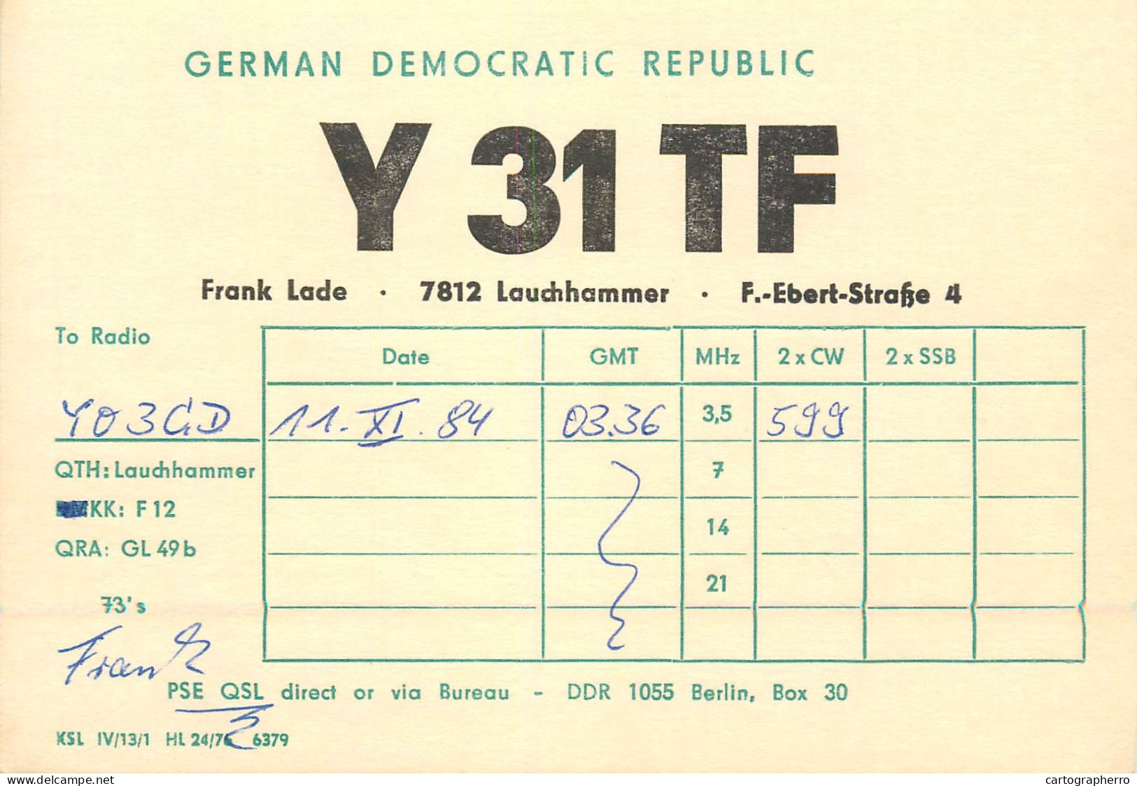 German Democtaric Republic Radio Amateur QSL Card Y31TF  Y03CD 1985 - Radio Amatoriale