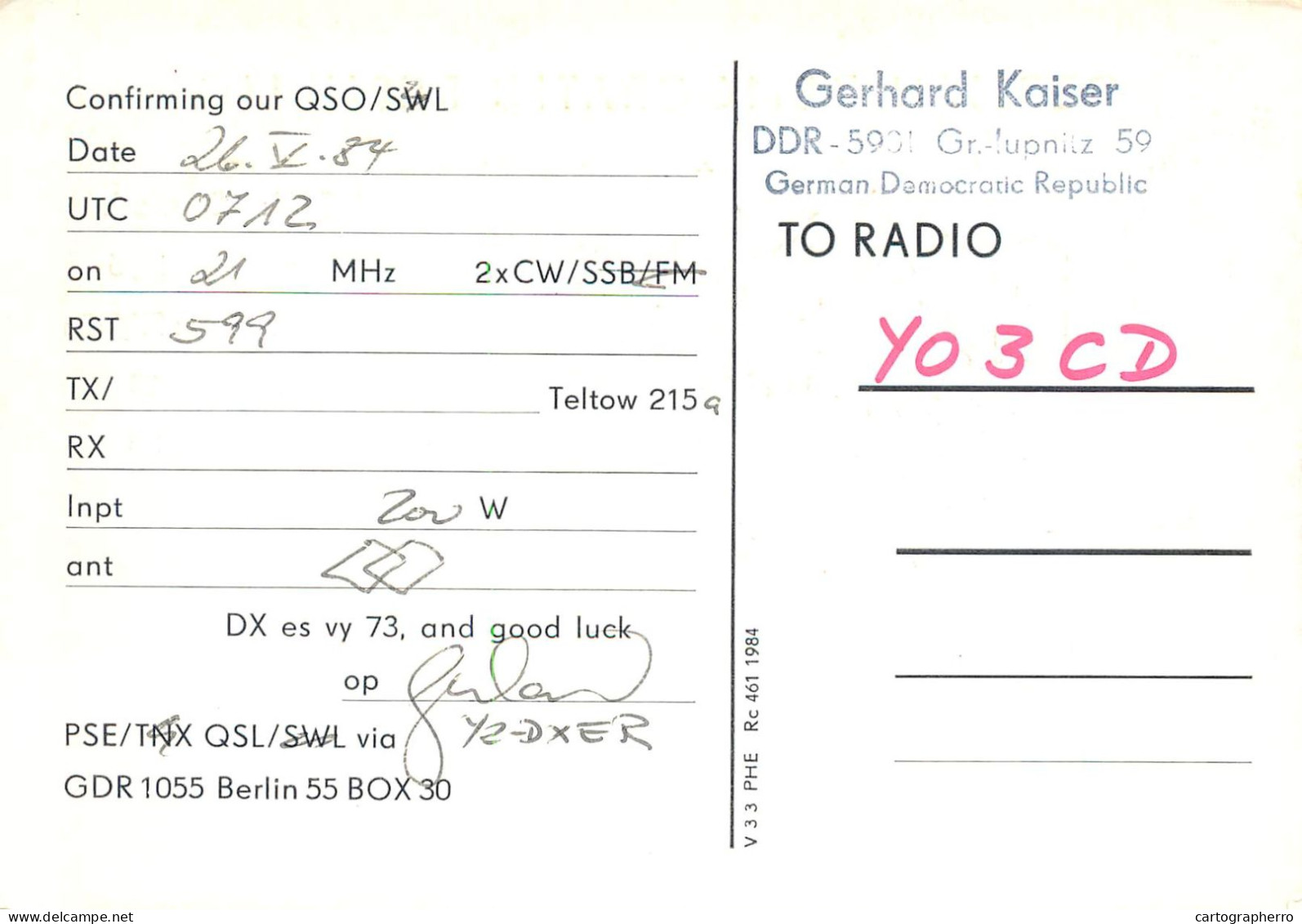 German Democtaric Republic Radio Amateur QSL Card Y31WI  Y03CD 1984 - Radio Amatoriale